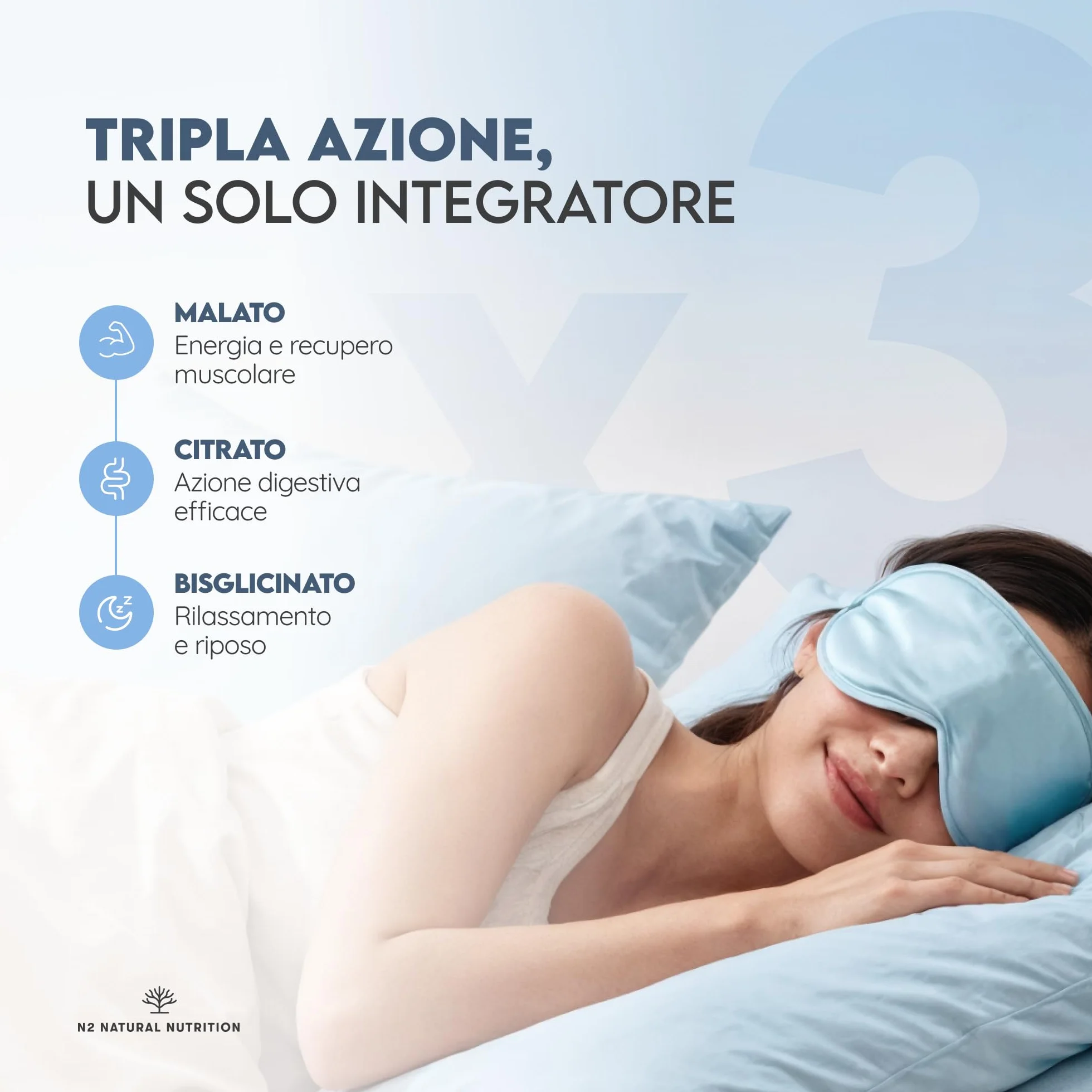 Triple Magnesio 2640 mg. Integratore Magnesio Bisglicinato + Magnesio Citrato + Magnesio Malato - Riposo, Energia, Ossa e Muscoli - Antistress - 440mg Elementare - 180 Compresse - N2 Natural Nutrition