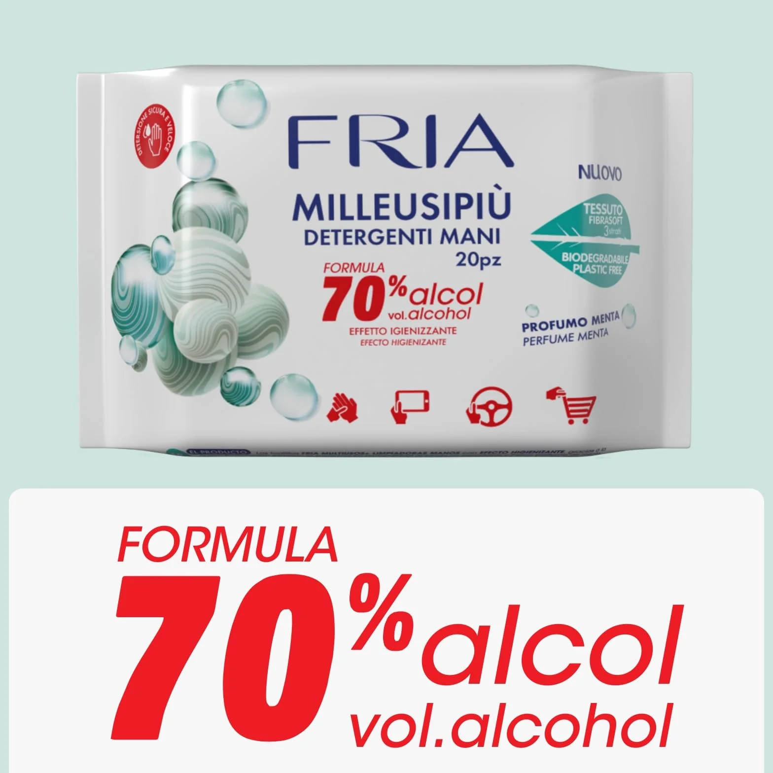Fria MilleusiPiù Igienizzanti Salviette Detergenti 70% Alcol Tessuto Fibrasoft 3 Strati Biodegradabile 20 sztuk