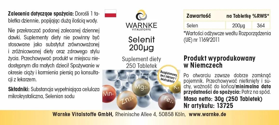 Selenite 200μg - 250 compresse - 200μg di selenio per compressa - Selenito di sodio - ALTO DOSAGGIO - Qualità farmaceutica tedesca - Vegano | Warnke Vitalstoffe