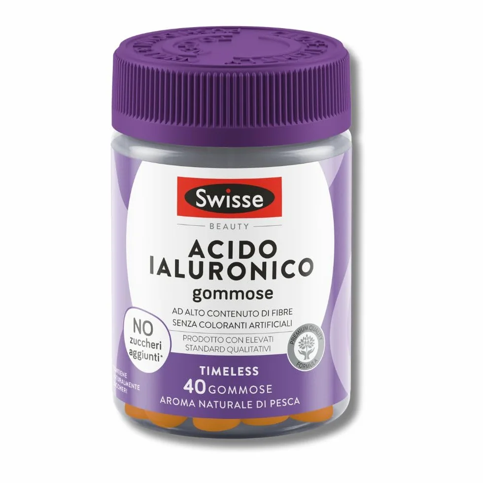 SWISSE Beauty Acido Ialuronico Gummies Integratore Donna e Uomo 40 Pastiglie Gusto Pesca Vegano