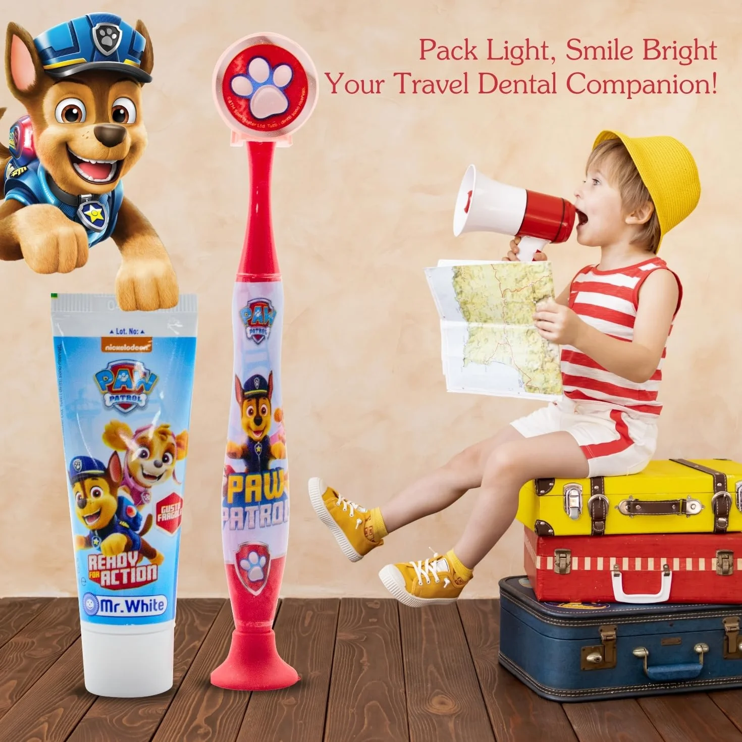 Paw Patrol, set da viaggio per bambini, include dentifricio aromatizzato alla fragola e spazzolino a setole morbide con ventosa e tappo protettivo, kit per l'igiene orale adatto ai viaggi per bambini