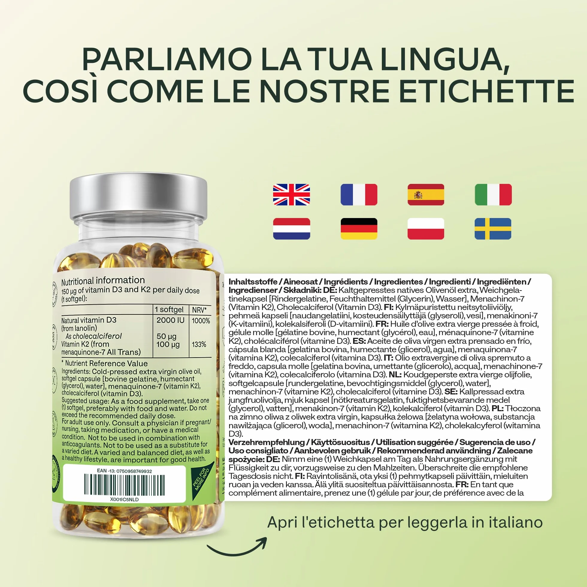 Vitamina D3 K2 2000 UI + MK7 100 μg Olio Extravergine d'Oliva 180 Capsule