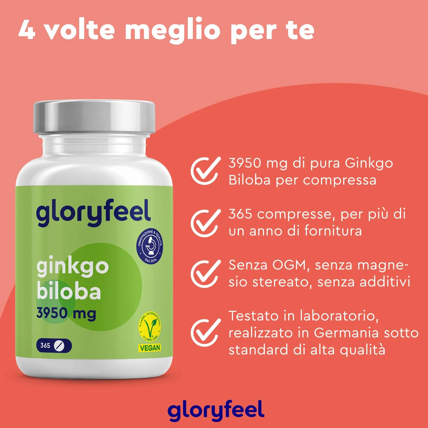 Ginkgo Biloba 50:1 Estratto 3950 mg Integratore Circolazione Concentrazione Memoria 365 Compresse