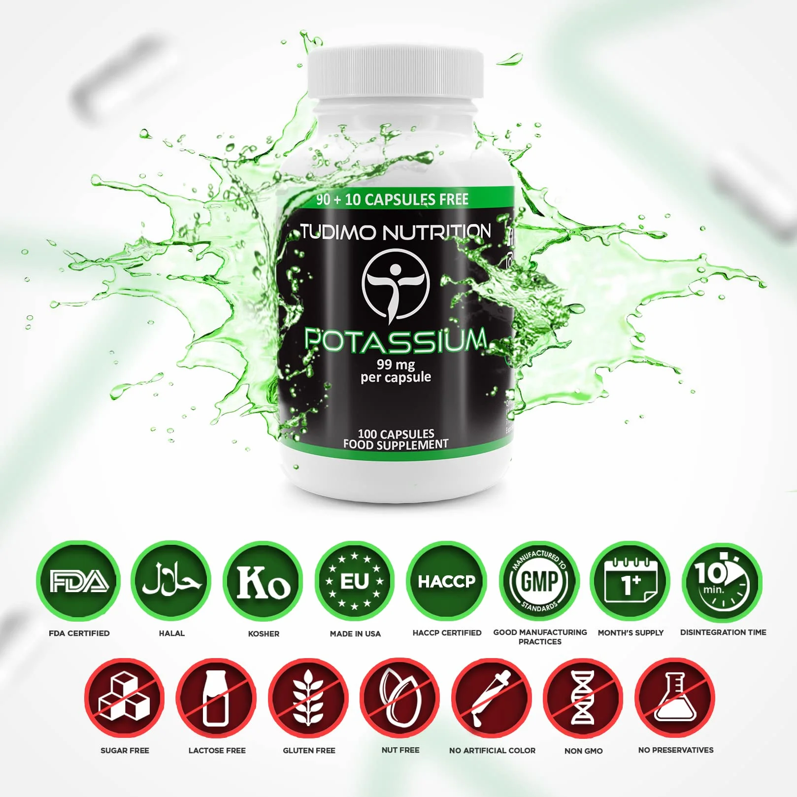 Potassio Integratore Capsule 99mg - 100 pz di Capsule a Disgregazione Rapida con 99 mg Gluconato di Potassio Polvere Puro Qualità Premium
