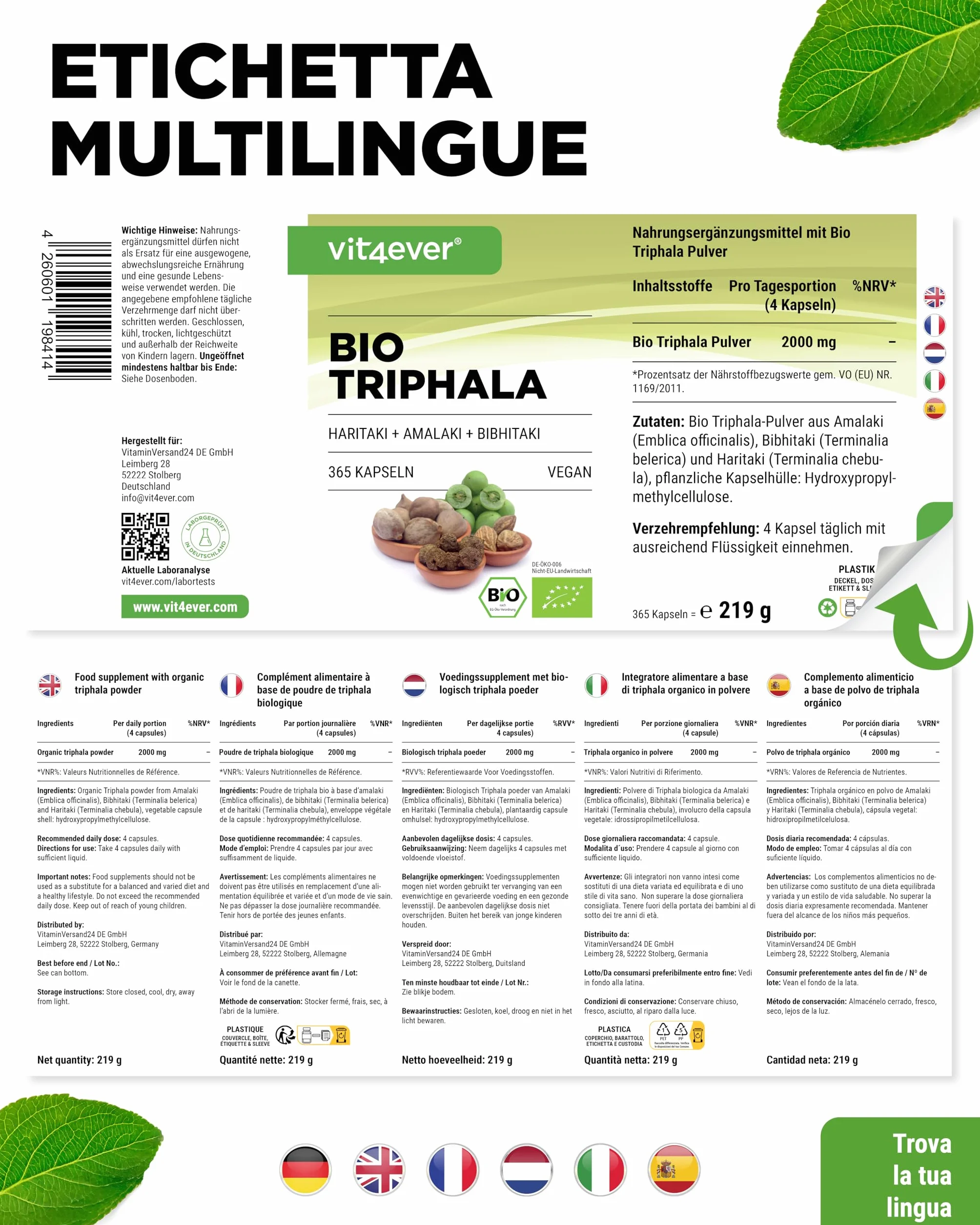 Triphala biologica - Alto dosaggio di 2000 mg (500 mg per capsula) - 365 capsule - Triphala in polvere dall'India: Haritaki, Amalaki, Bibhitaki - Senza additivi - Vegan