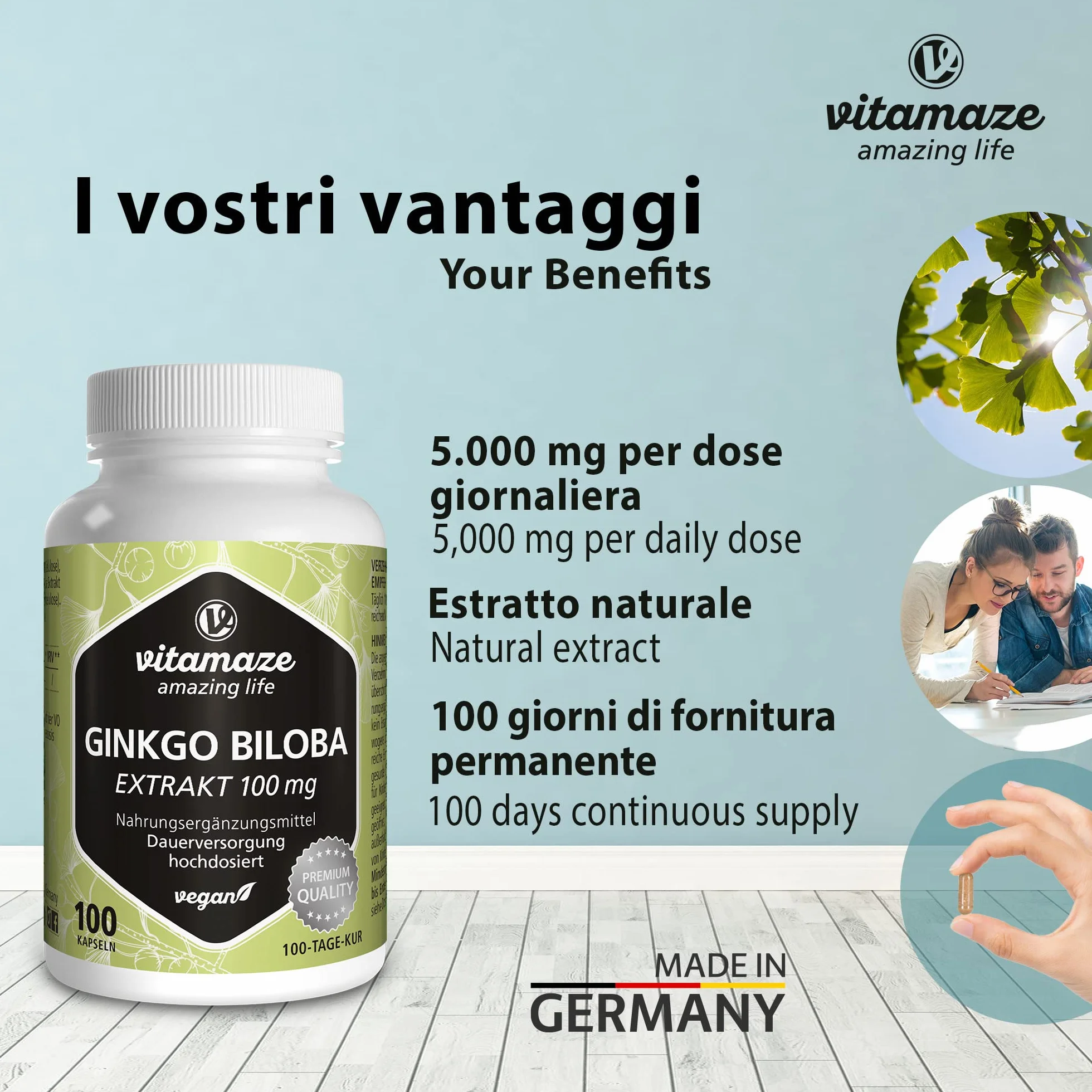Ginkgo Biloba 50:1 Estratto 100 mg 5000 mg Polvere di Foglie di Ginkgo Puro Capsula Vegana 100 Capsule Integratore Alimentare