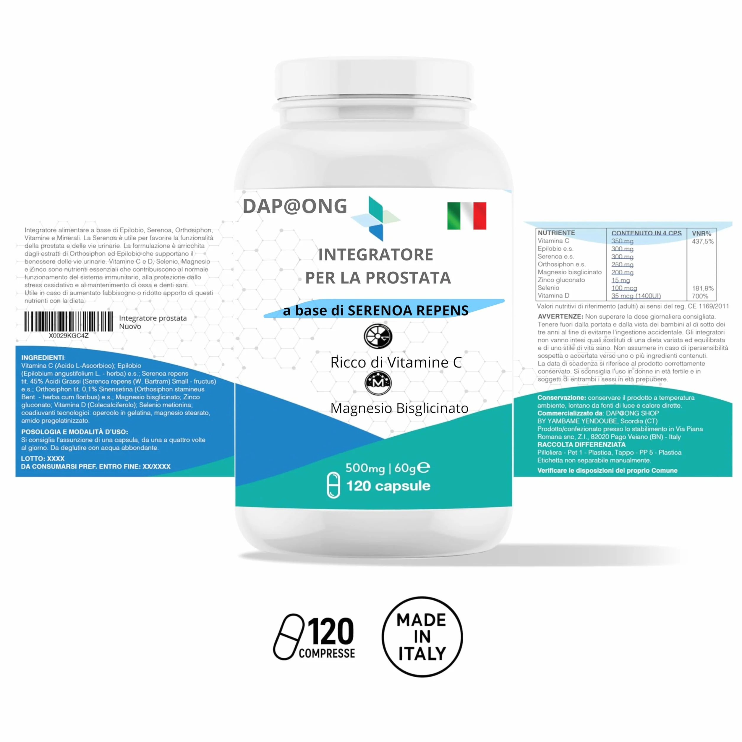 Integratore Prostata Uomo Serenoa Repens Saw Palmetto Epilobio Orthosiphon Zinco Selenio Magnesio Bisglicinato Vitamina C D3 120 Capsule