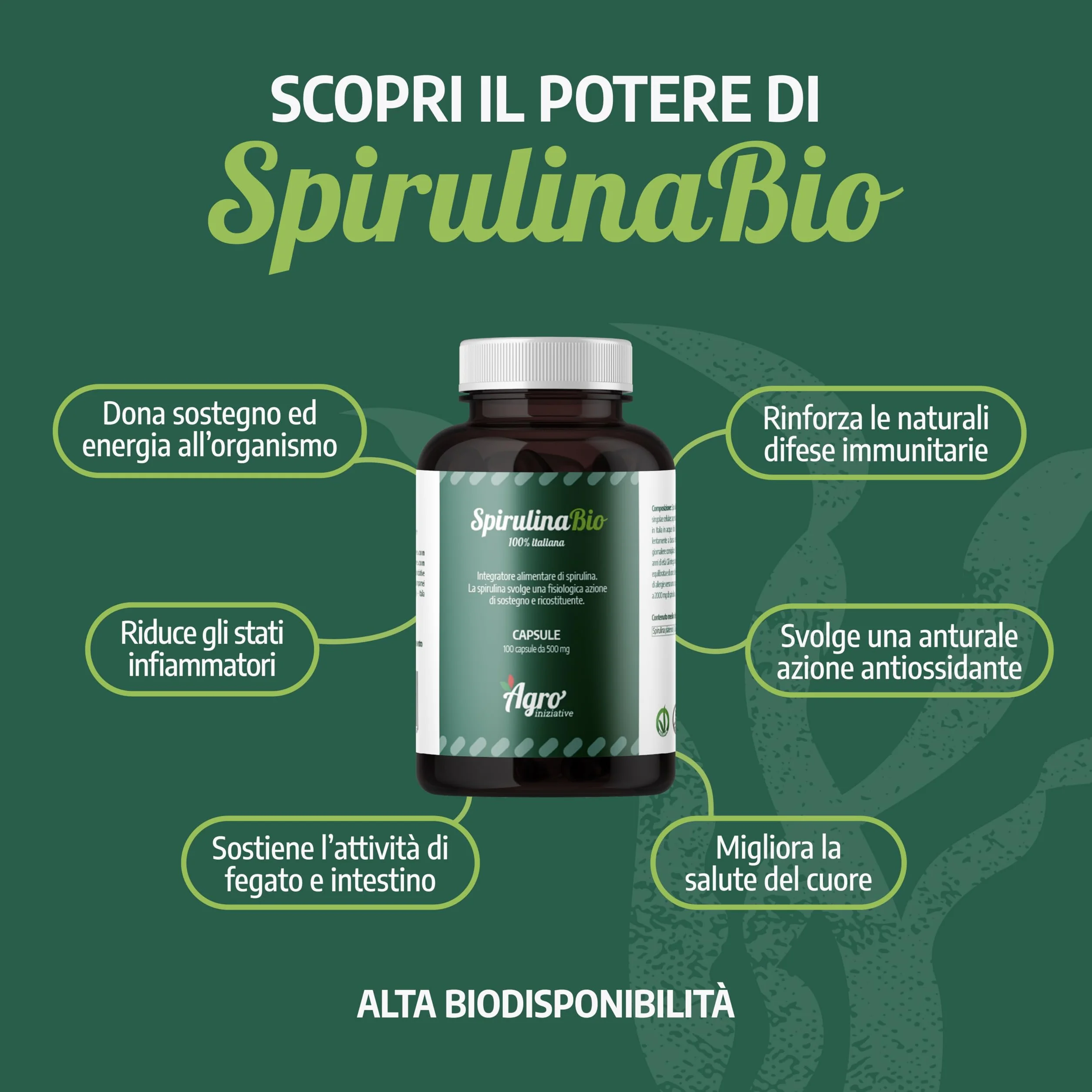 AGROINIZIATIVE SPIRULINA BIO 100 Cps Integratore Spirulina Pura 500 Mg Senza Glutine