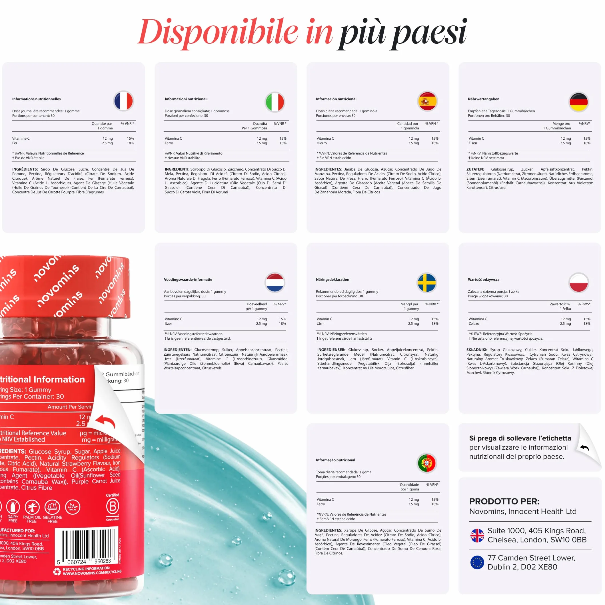 Ferro Bambini Gommose – Ferro + Vitamina C per l'Assorbimento – Energia, Globuli Rossi e Difese – Vegano, Senza Glutine – 30 Gommose Gusto Fragola – Novomins