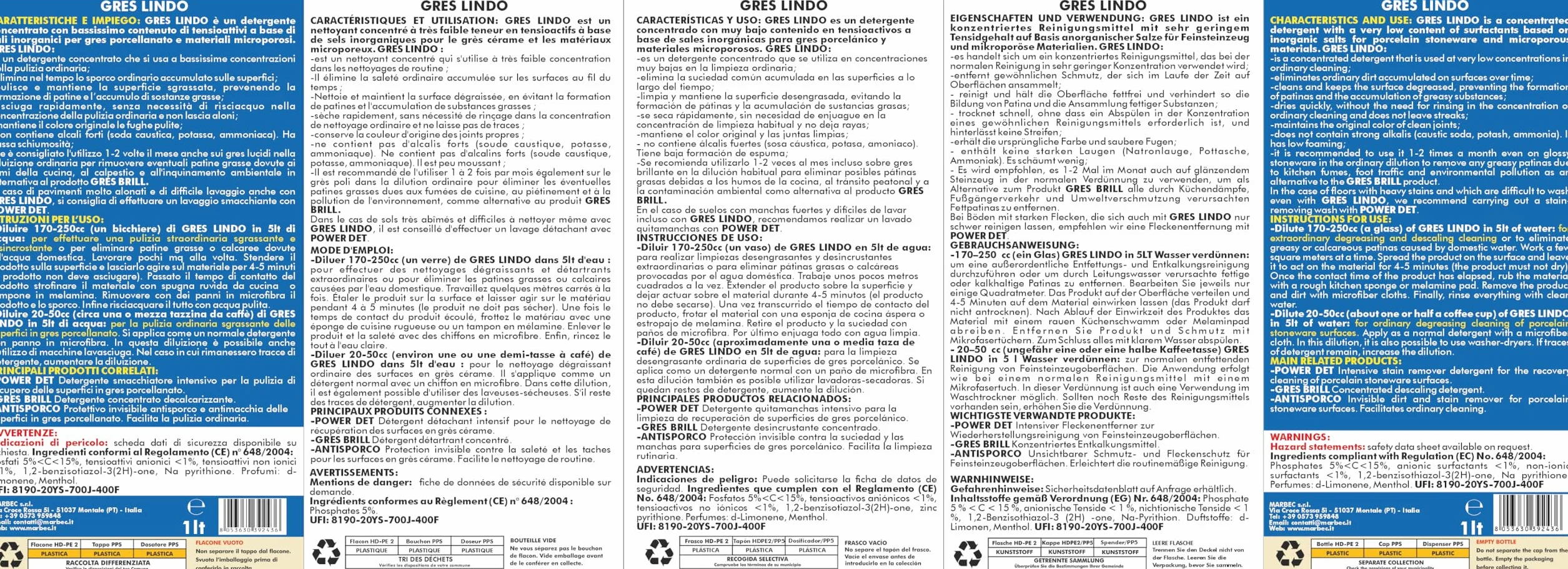 MARBEC GRES LINDO 1LT Detergente per pavimenti in gres porcellanato