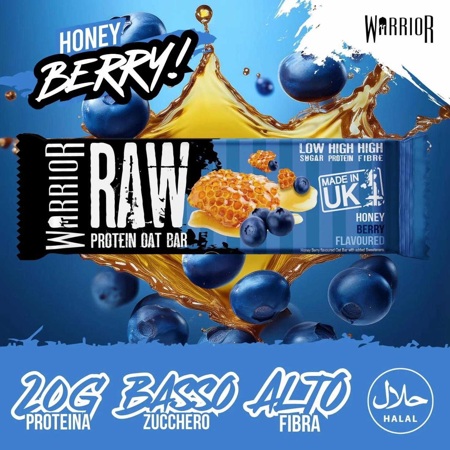 Warrior Raw Barretta Proteica 12 x 75 g – Barrette Proteiche ai Fiocchi d'Avena, Snack Proteico Senza Zucchero con Fibre e Prebiotici – Frutti di Bosco al Miele