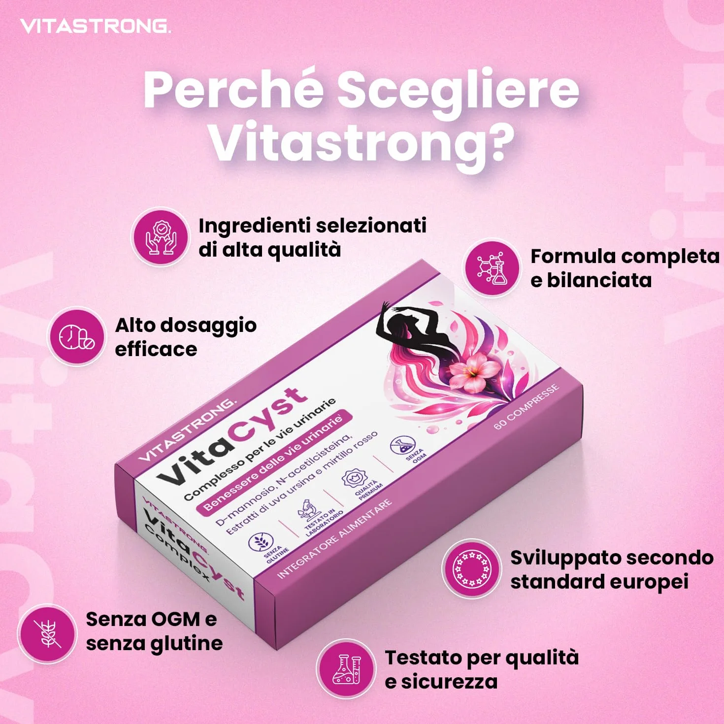 VitaCyst, D Mannosio Puro con NAC N-Acetil-Cisteina, Estratti di Mirtillo Rosso (Cranberry) e Uva Ursina Vegan Integratore Alimentare Vie Urinarie Donna, 60 Compresse Senza Glutine, Lattosio, OGM