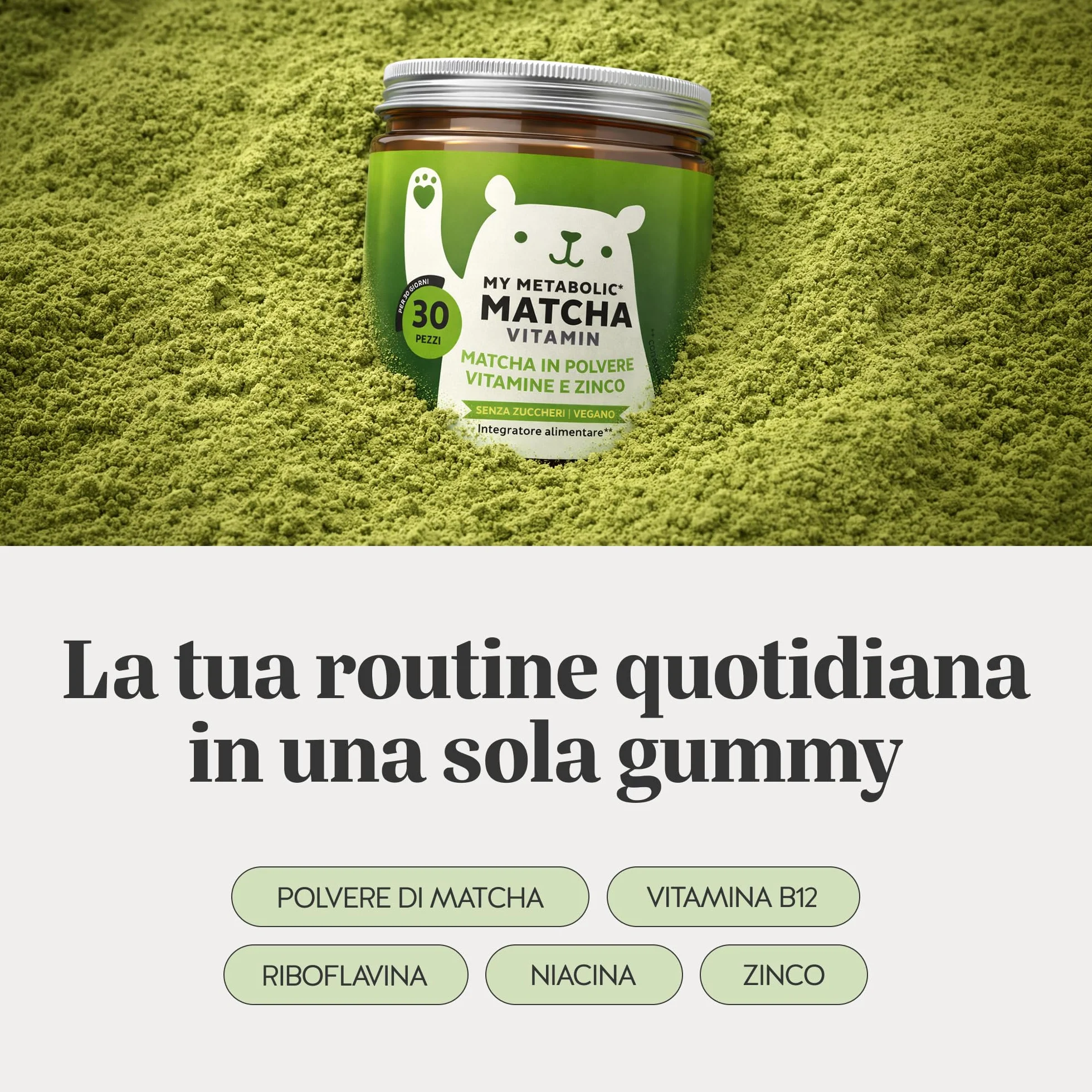 My Metabolic Matcha Vitamin Caramelle Gommose - Integratore Energizzante Naturale - Con Matcha, Vitamina B12, B2, Zinco, Niacina - 30 Pezzi (1 Mese) - Senza Zucchero, Vegano - Bears with Benefits