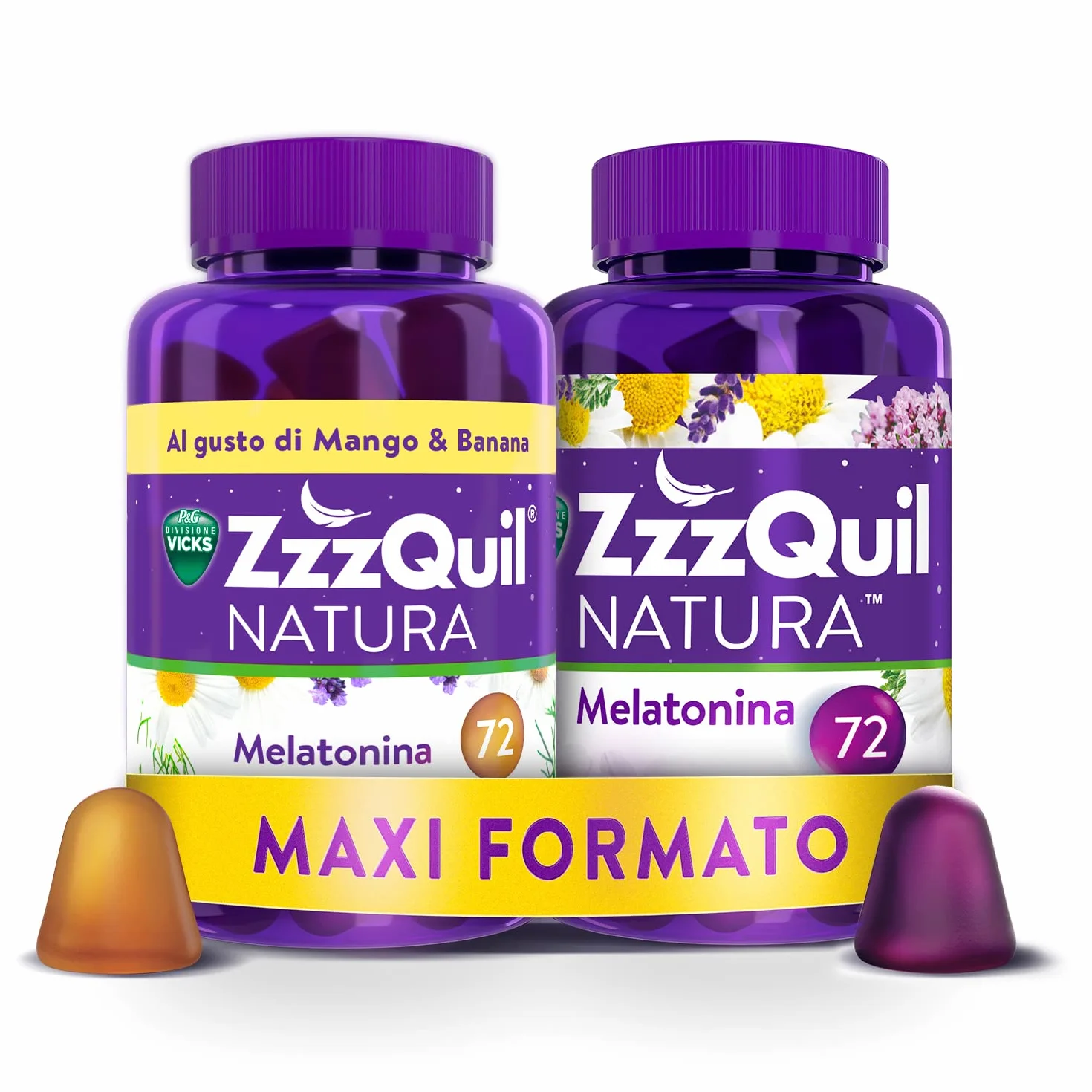 ZzzQuil Natura Integratore Melatonina 2x72 Pastiglie Gommose MISTO Frutti di Bosco Mango Banana
