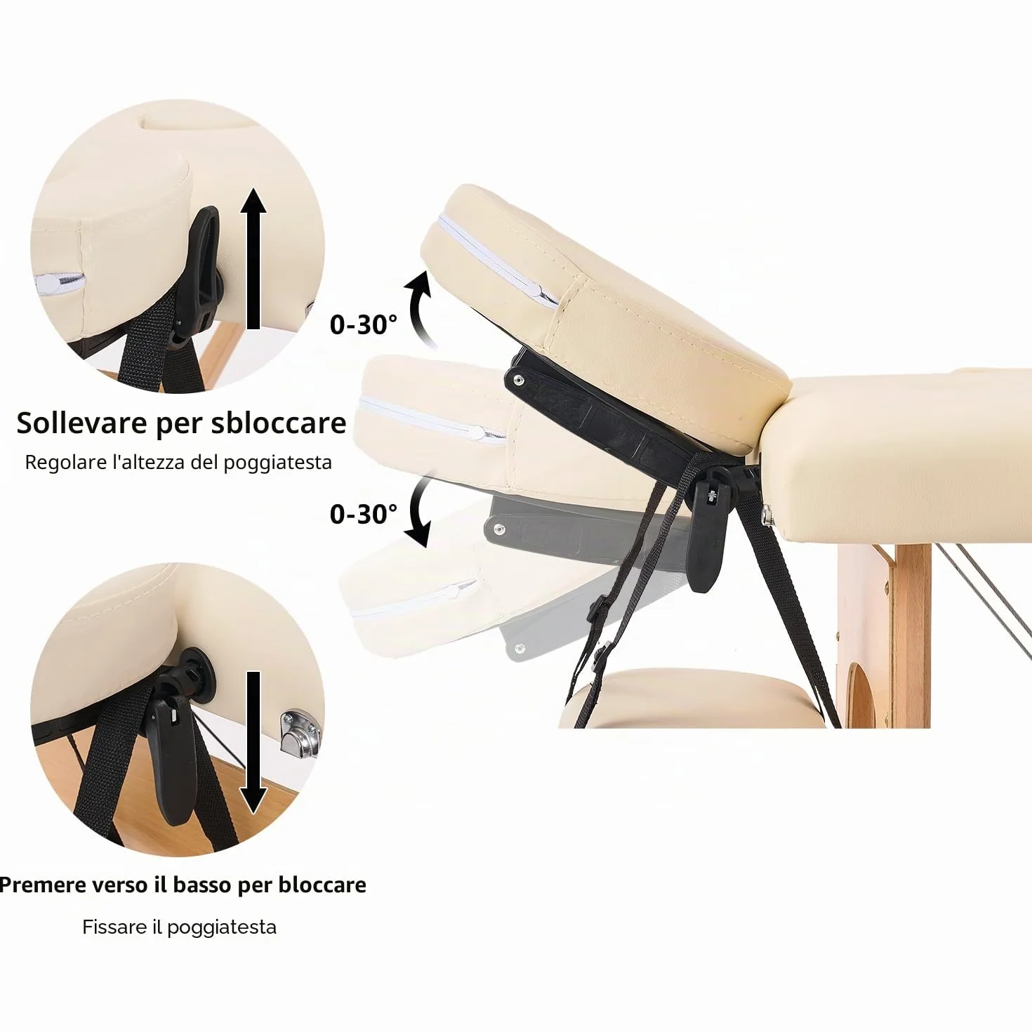 YOUNIKE Lettino Massaggio Portatile Pieghevole 186x60 cm Legno Faggio 2 Zone 250 kg Altezza Regolabile Poggiatesta Braccioli Rimovibili Beige