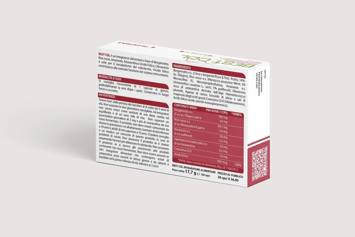 BEST COL Nuova Formula - Integratore Alimentare a Base di Bergamotto, Amaranto, Astaxantina, Coenzima Q-10, Riso Rosso e Acido Folico. 30 capsule