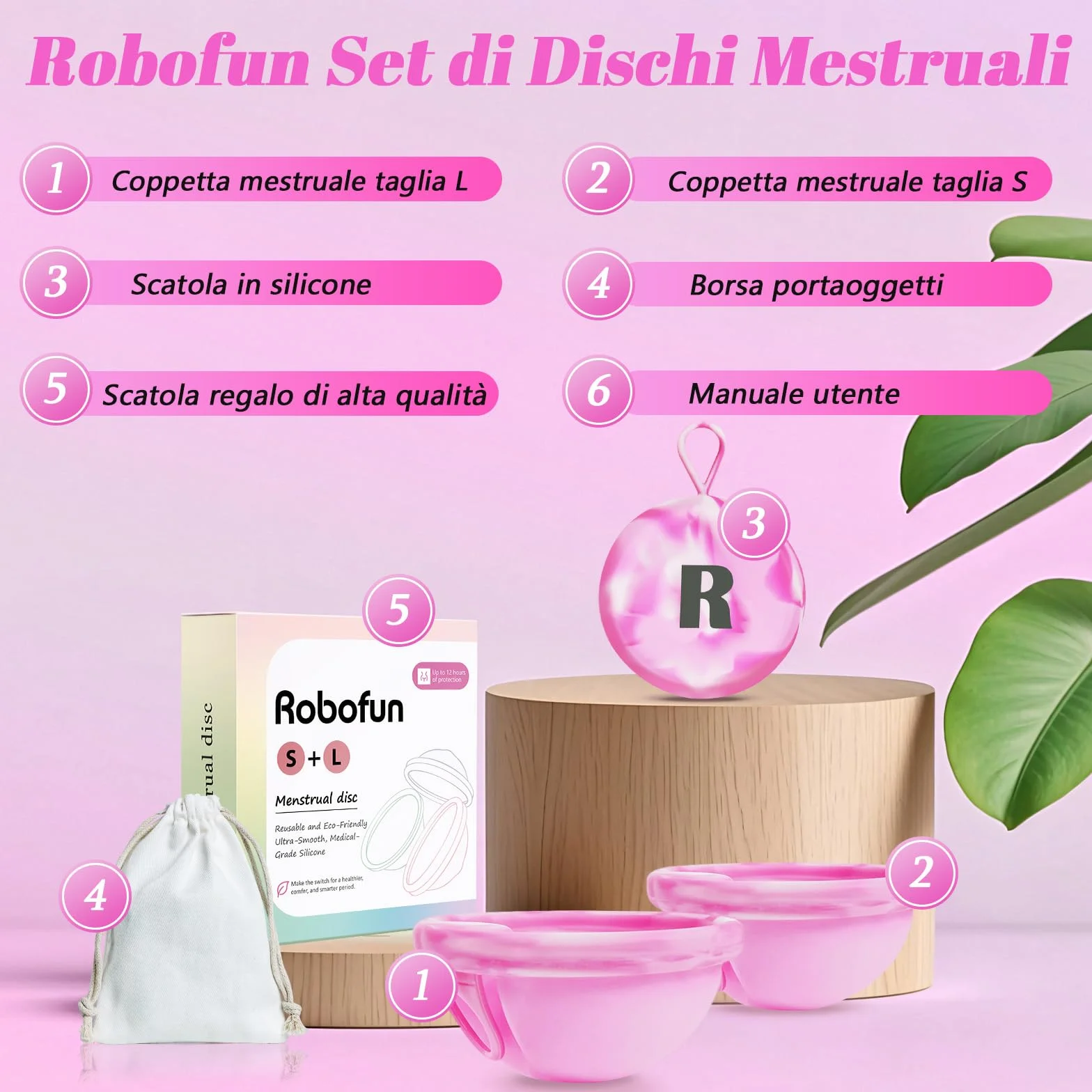 Robofun Disco mestruale, 2 pezzi (S+L) - Coppa mestruale riutilizzabile in silicone medico 100% per tutte le correnti, senza pericolo per lo sport e il nuoto -Bianco&Viola