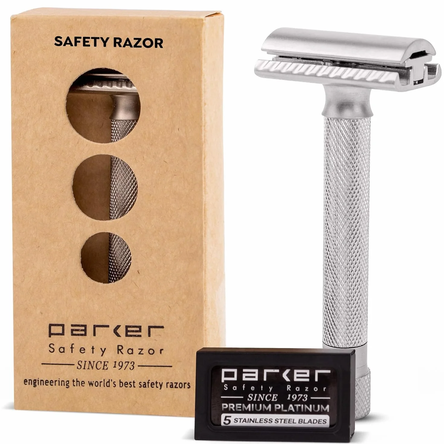 Parker Safety Razor Parker Variante regolabile doppio bordo rasoio di sicurezza e 5 Premium Blades - Cromo satinato