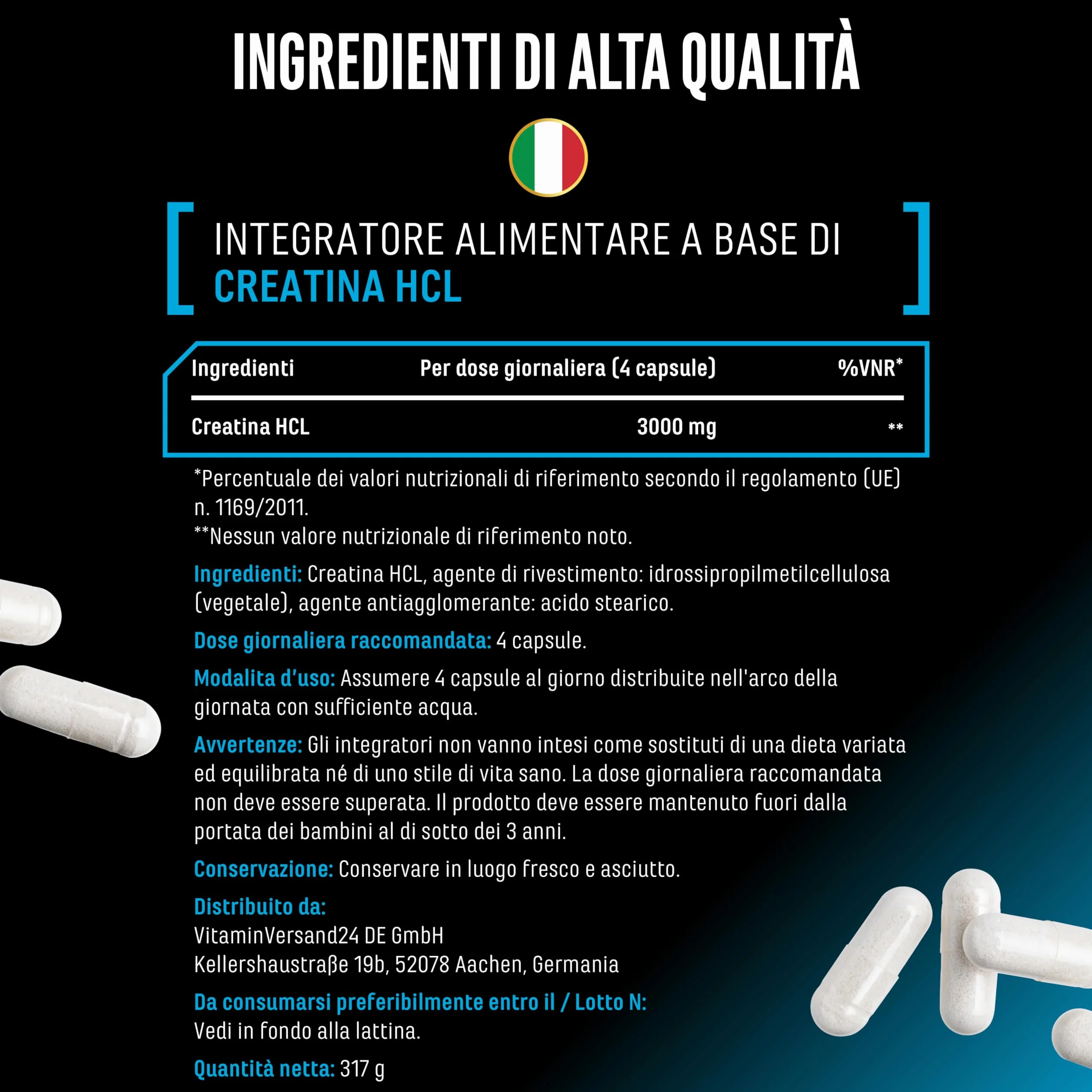 Creatine HCL - 365 capsule - Ad alto dosaggio con 3000 mg di cloridrato di creatina per dose giornaliera - Massimo assorbimento & biodisponibilità - 100% vegano