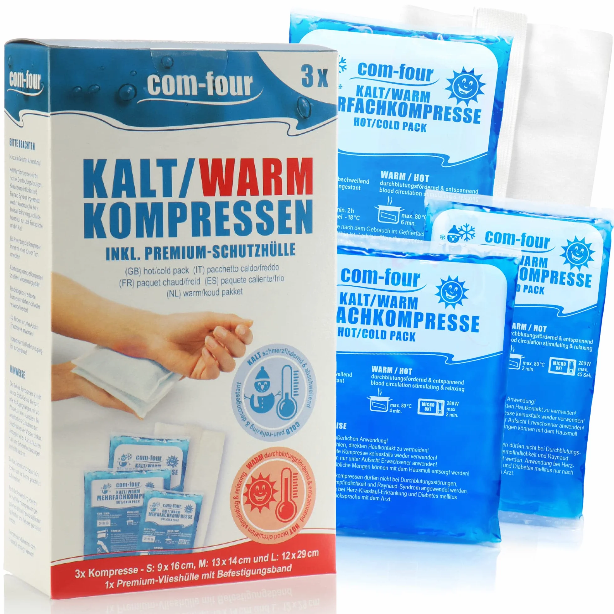 com-four® 3x Impacchi multiuso riutilizzabili Busta Gel Freddo/Caldo 3 dimensioni Made in Germany