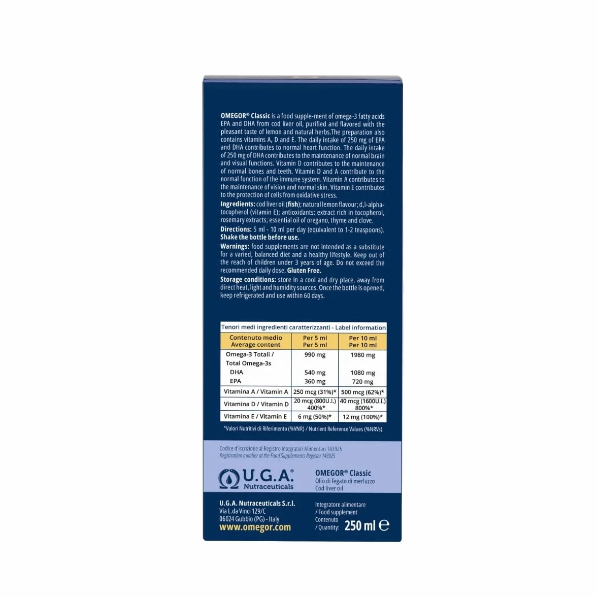OMEGOR Classic Olio di Fegato di Merluzzo Liquido 250ml - Omega 3 1000mg con Vitamine A, D, E - 540mg DHA 360mg EPA