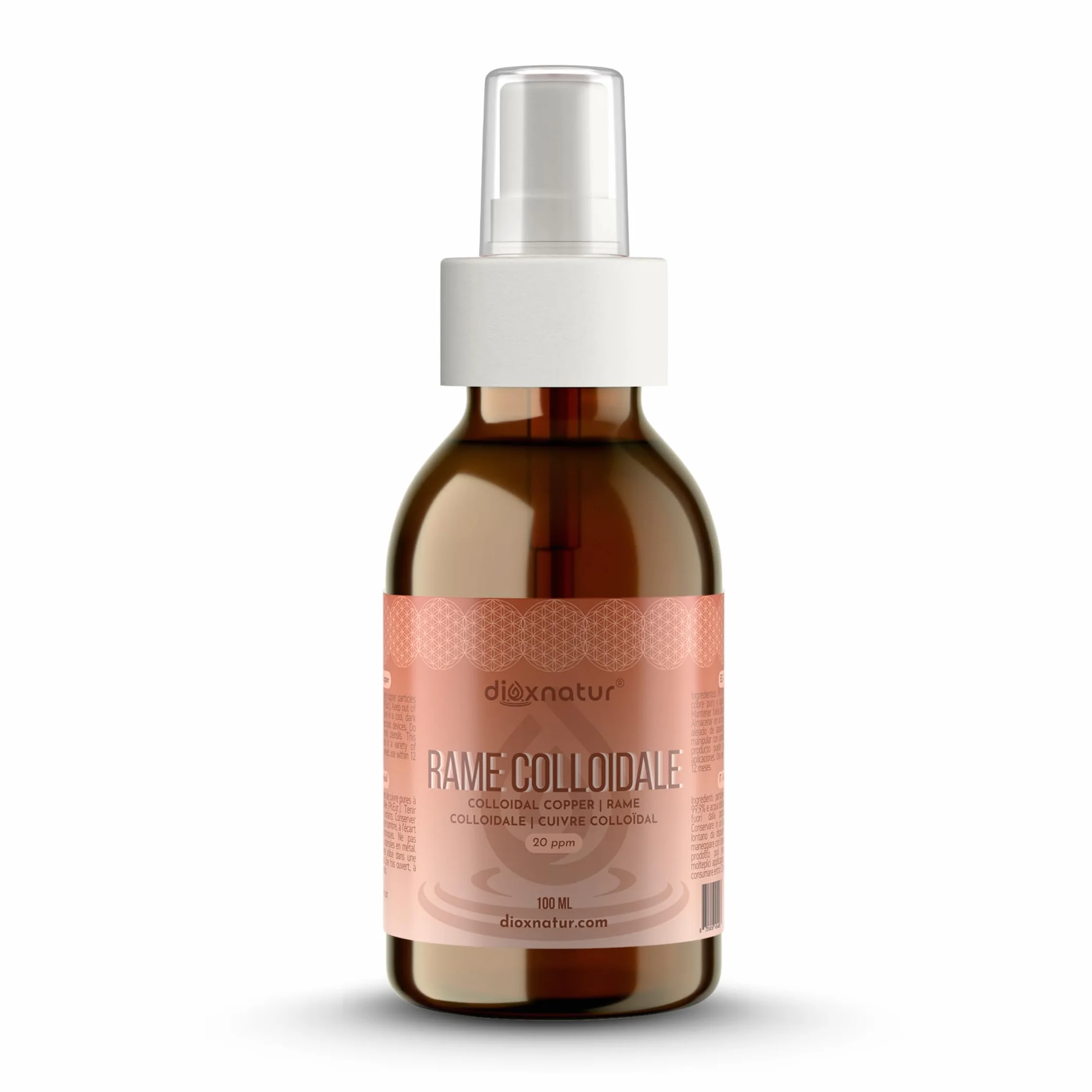 Rame Colloidale 100 ml - 20 ppm - 99,99% Purezza - Soluzione Liquida con Acqua Bidistillata - Flacone Vetro Ambra con Spray