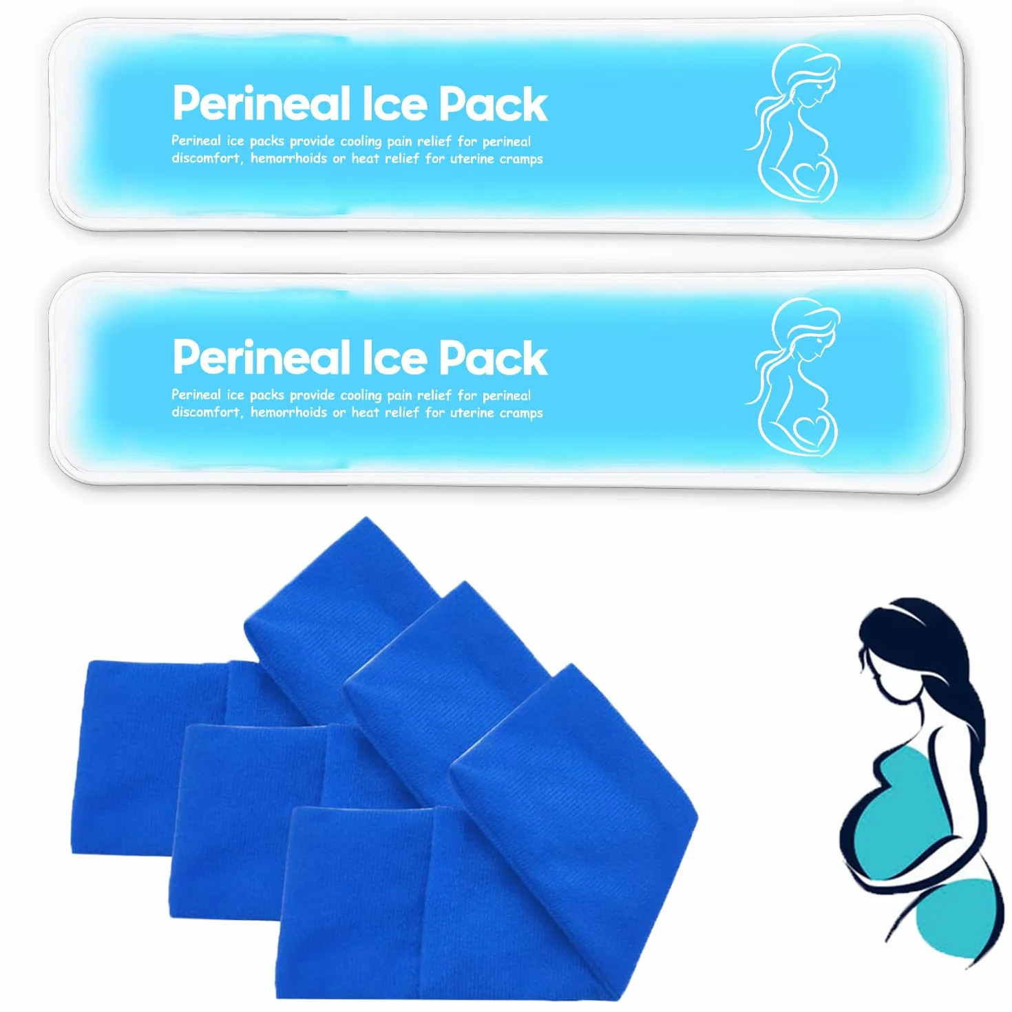 Impacchi di ghiaccio perineali riutilizzabili, emorroidi postpartum, cura del recupero del parto, 2 cuscinetti in gel + 3 maniche lavabili (blu)