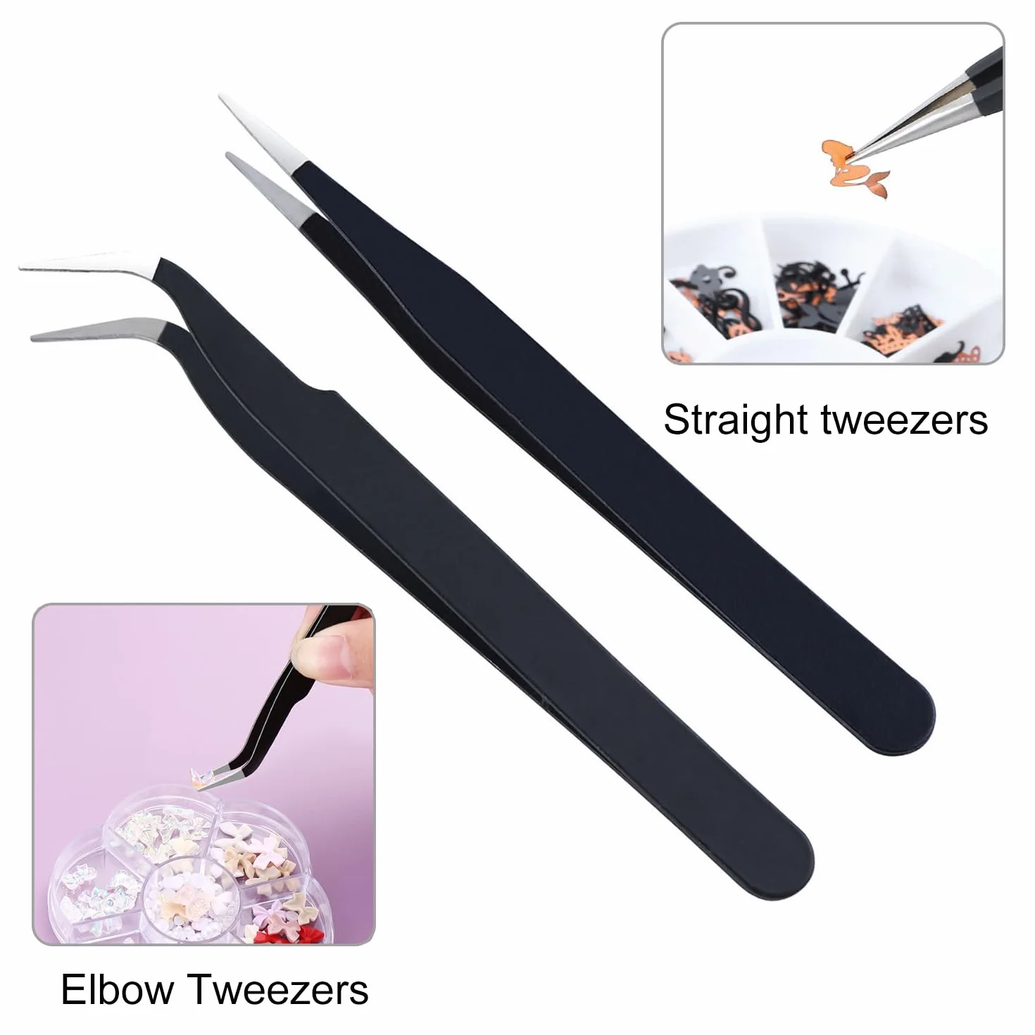 2 Pezzi Pinzetta, Pinzetta Extension Ciglia, Pinzette Diritto e Curvo Tip Pinza, per Estensioni Ciglia, DIY (Nero)