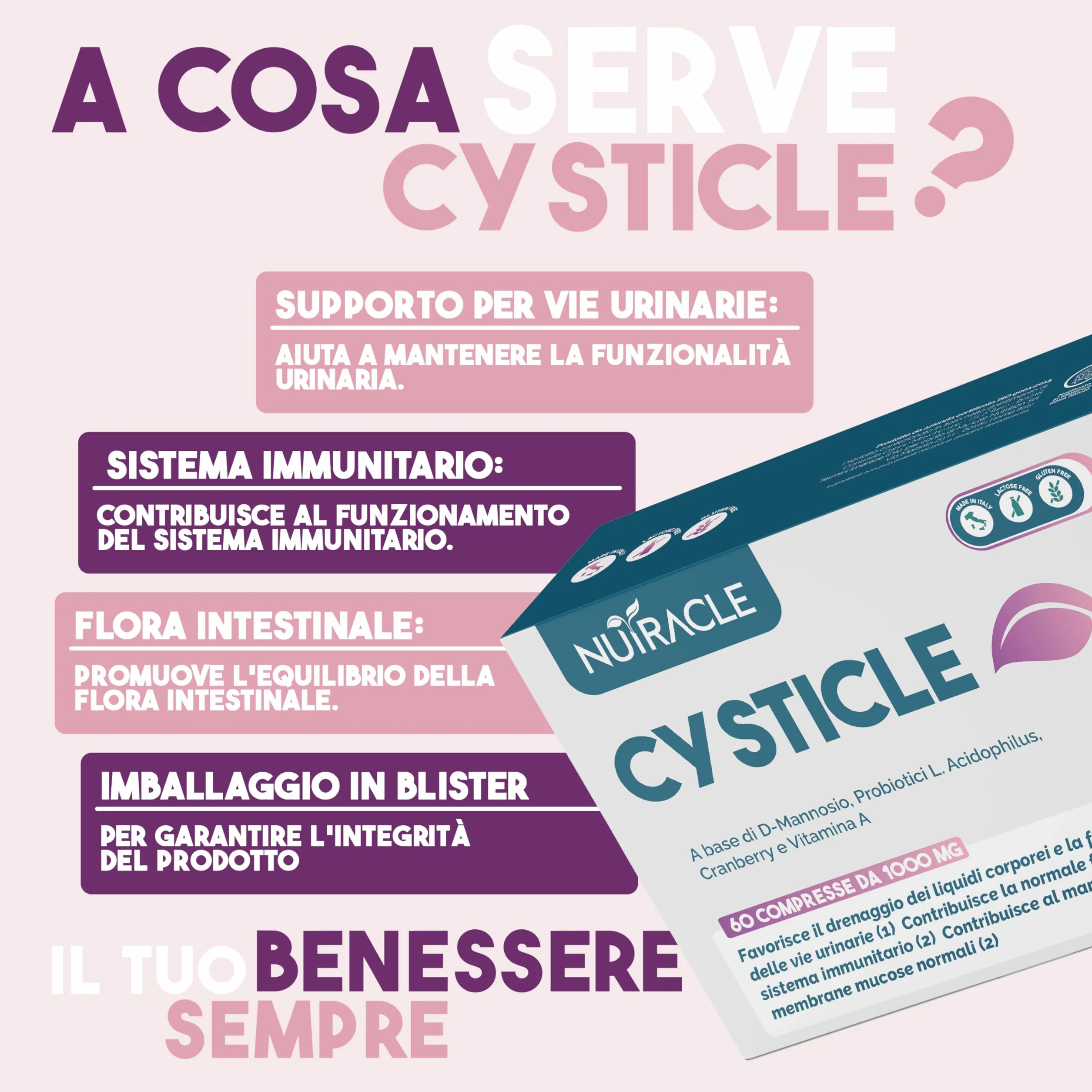 CYSTICLE | D-Mannosio Puro 1200mg | Integratore Cistite, con Mirtillo Rosso, Probiotici e Vitamina A | Per Candida e Infezioni Vie Urinarie | Vegan, Senza Glutine (60 compresse (Confezione da 1))