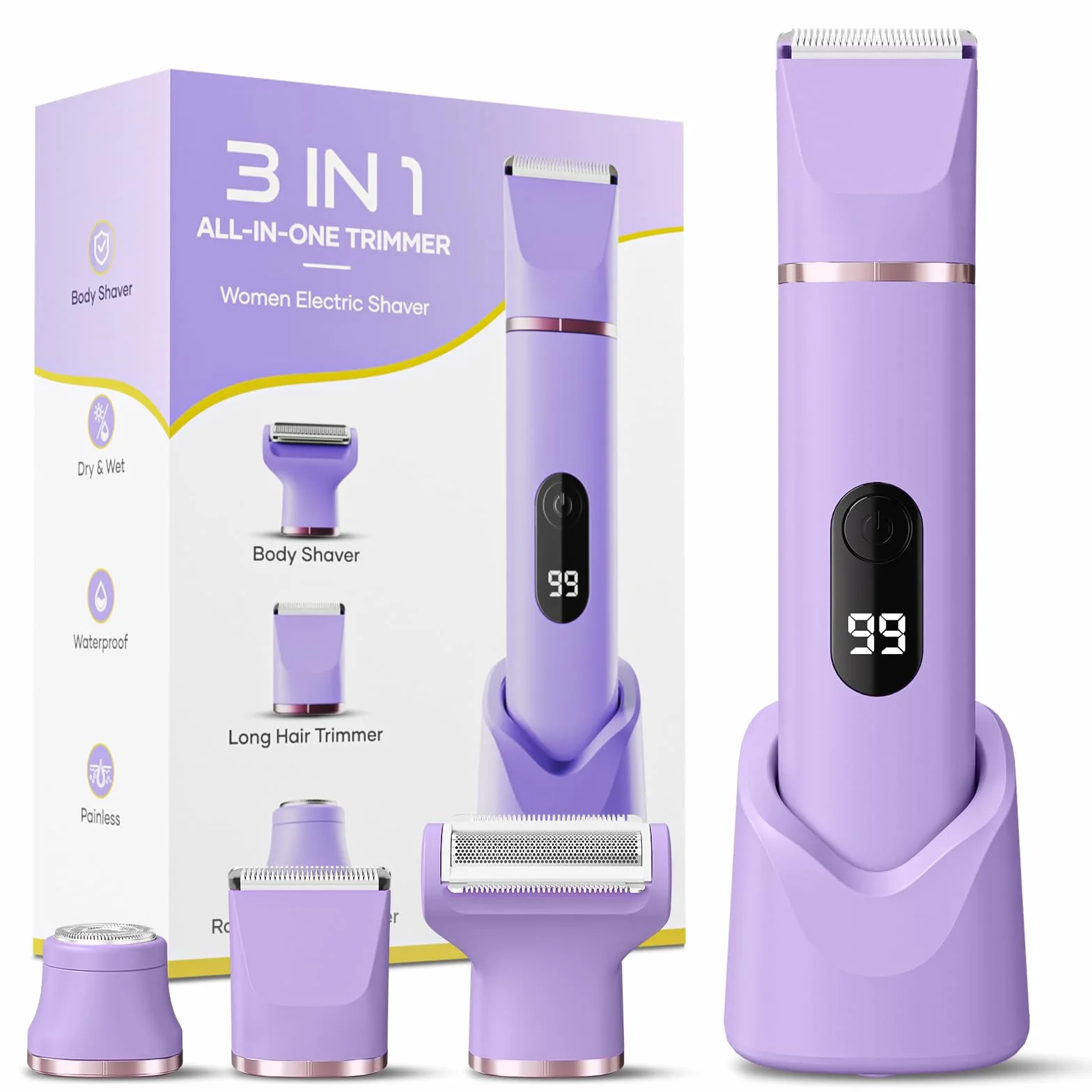 Rasoio elettrico indolore da donna, IPX7, impermeabile, senza fili, depilazione pubica, con dock di ricarica USB, per ascelle, gambe, braccia, corpo, viso, pelle setosa (lilla)