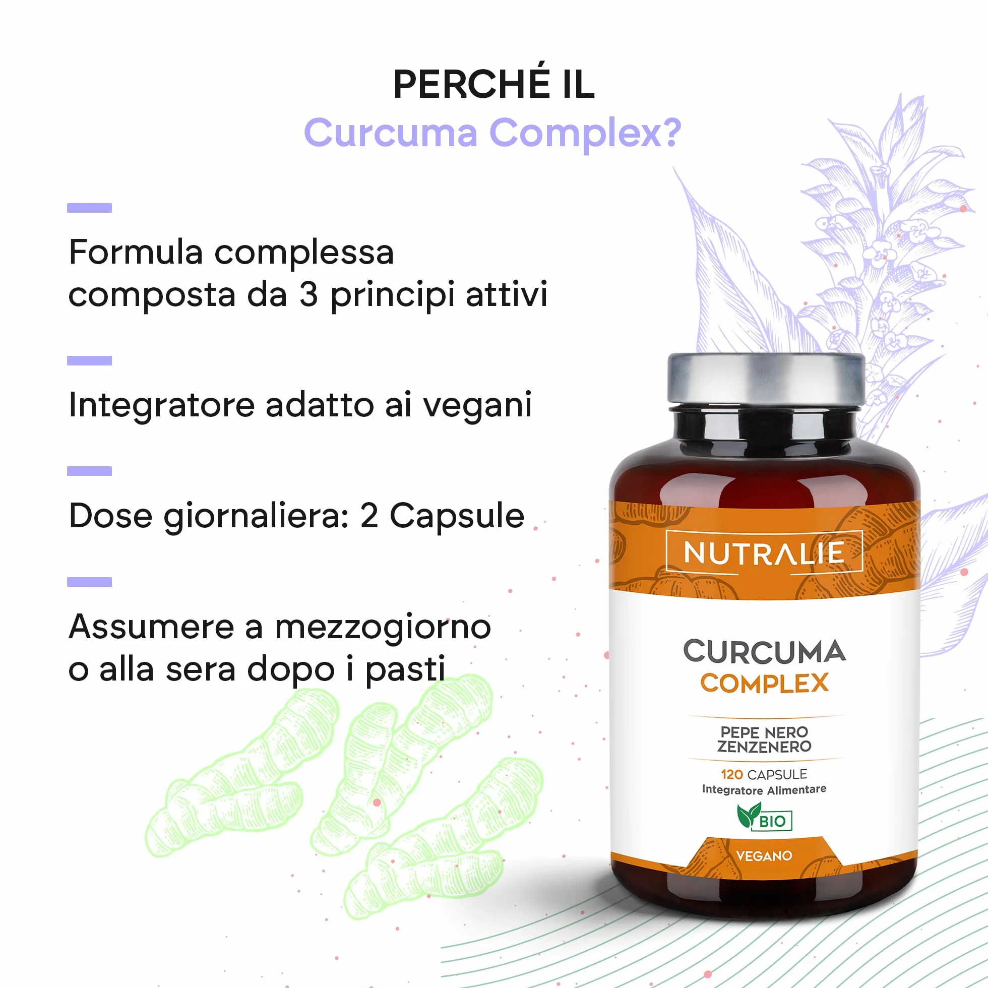 Nutralie Curcuma BIO Capsule 1420mg Curcumina e Piperina Zenzero Pepe Nero 120 Capsule