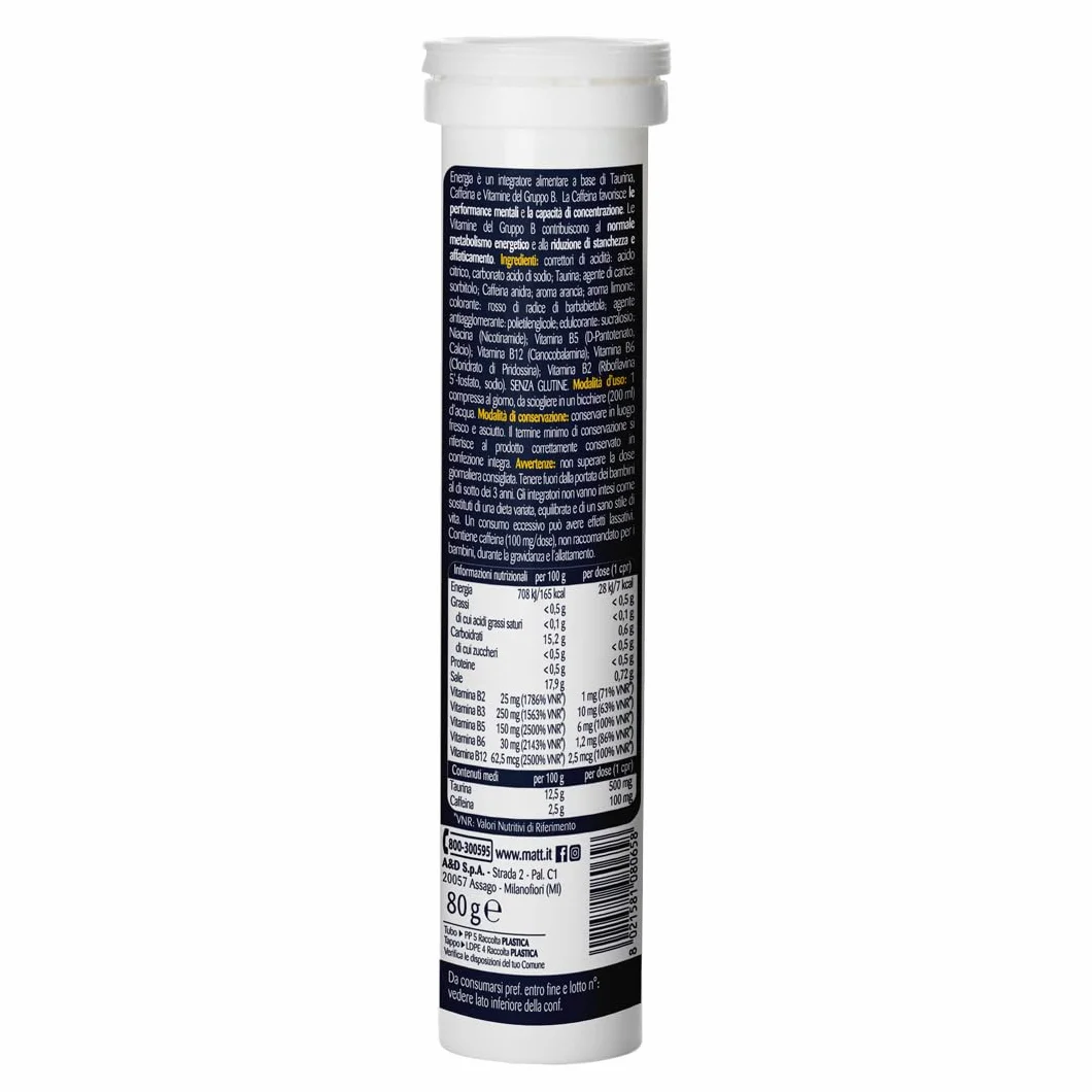 Matt Energia Integratore Alimentare Taurina Caffeina Vitamine Gruppo B 20 Compresse Gusto Agrumi