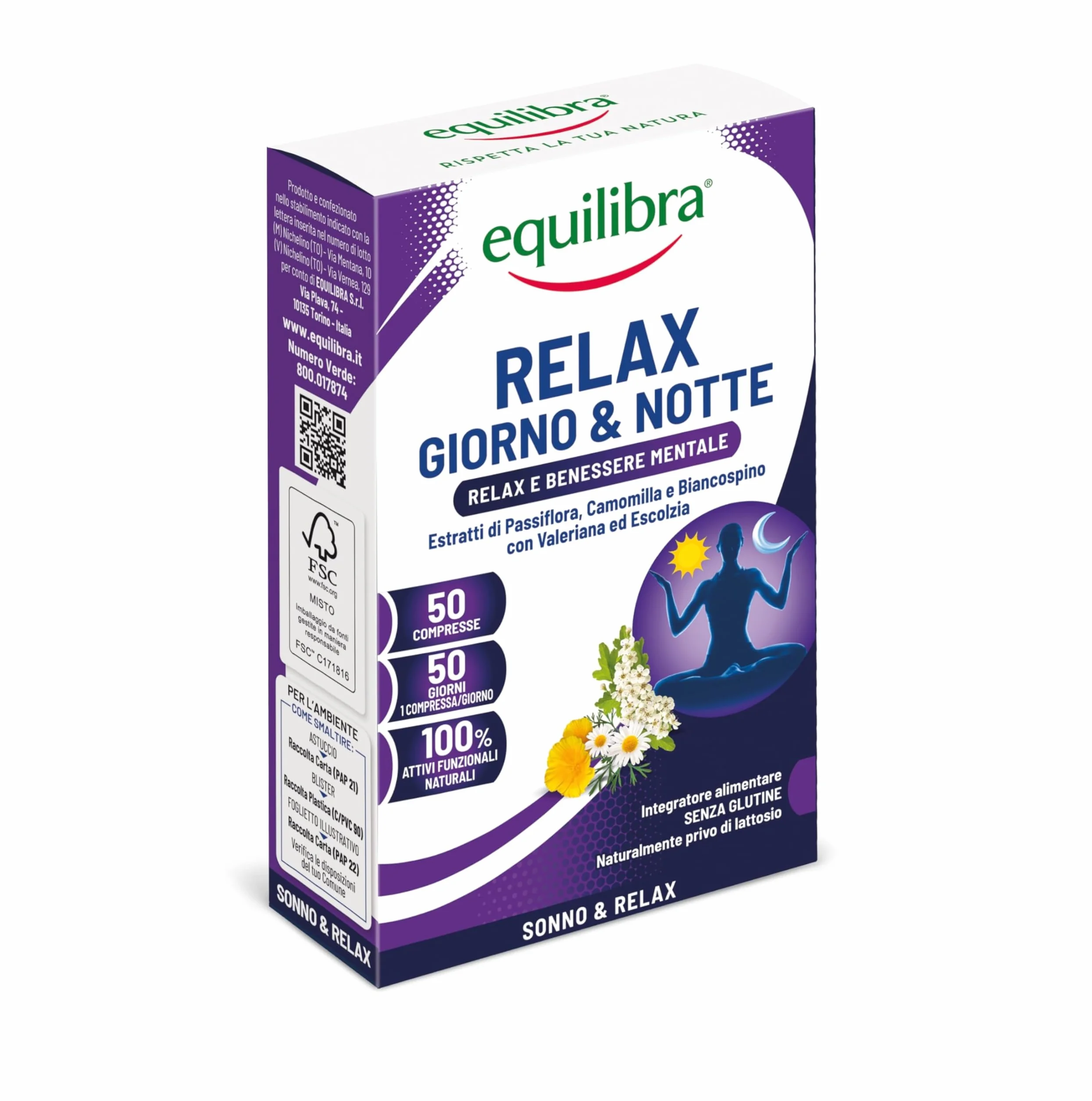 Equilibra Relax Giorno E Notte Integratore Alimentare Con Passiflora Camomilla Valeriana 50 Compresse