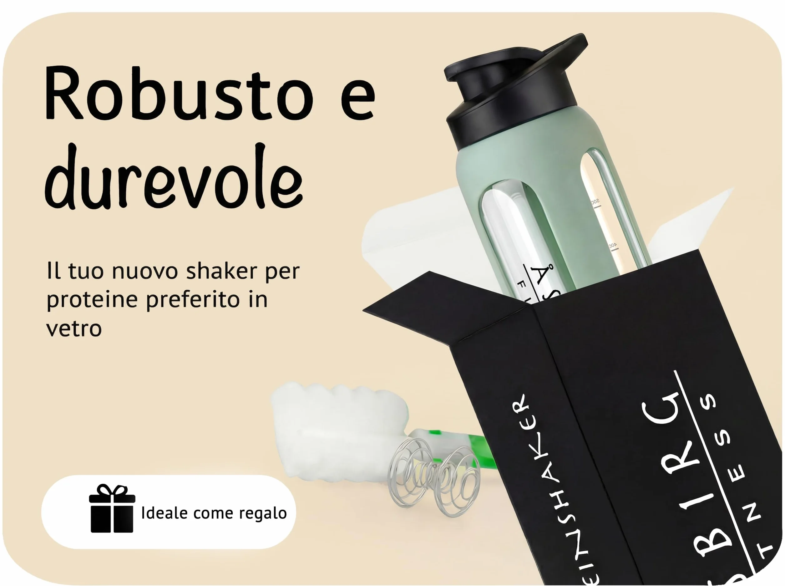 Shaker Proteine in Vetro 700 ml – Senza BPA, a Prova di Perdite & Robusto – Shaker per Proteine con Palla Mixer in Vetro Borosilicato – Bottiglia per Frullati e Sport | Verde Pastello