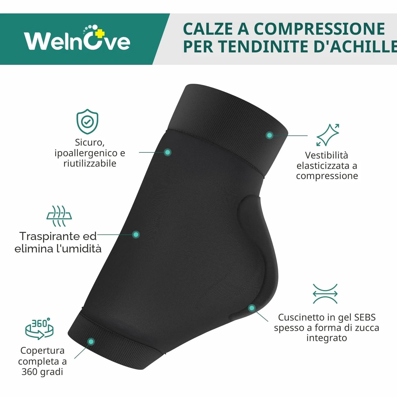 Welnove Achille Tendinite Heel Protector Socks - Achilles Tendon Support Compression Gel Padded Sleeve Socks for Cushion & Protection of Bursitis, Tendinite, Tenderness, Dry Cracked - Black