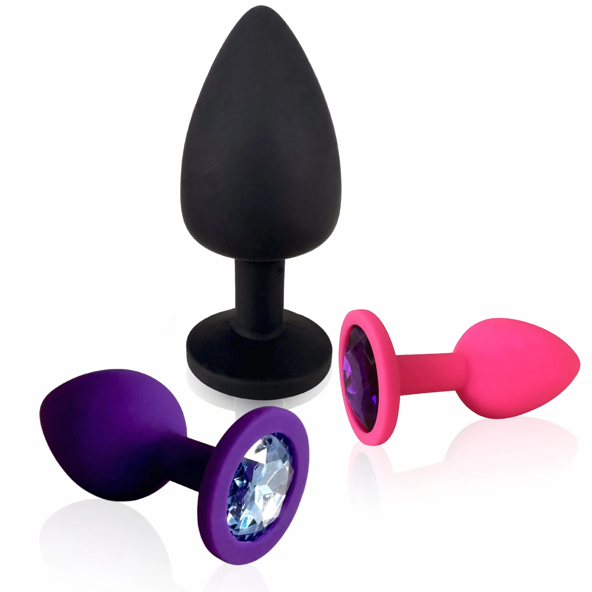 3x Butt Plug Anale Silicone Spina Anale Set Ø 30 mm, Ø 35 mm, Ø 45 mm, da Donna o Uomo, S + M + L Rosa + Porpora + Nero