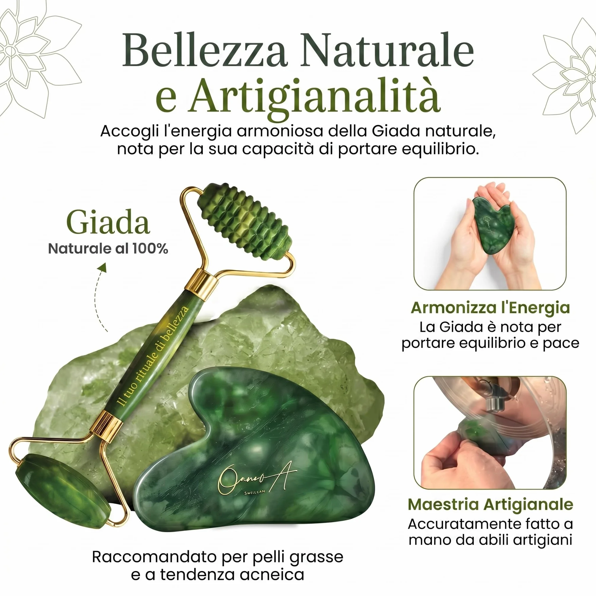 Kit Gua Sha per Viso e Corpo & Roller | Pietra Di Giada Verde | Massaggio Antirughe & Drenaggio Linfatico | Lifting Mento Doppio | Guasha | Maderotherapy | Gasha | Raffinare Shaper del Viso [OanovA]