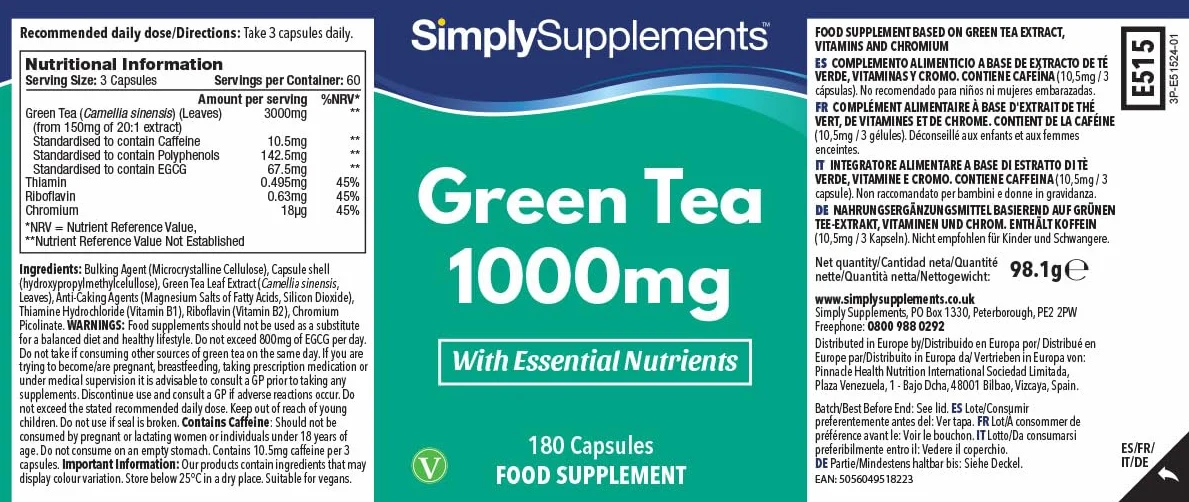 Tè Verde 1000 mg– 360 capsule – con aggiunta di Cromo – adatto ai vegetariani – prodotto nel Regno Unito