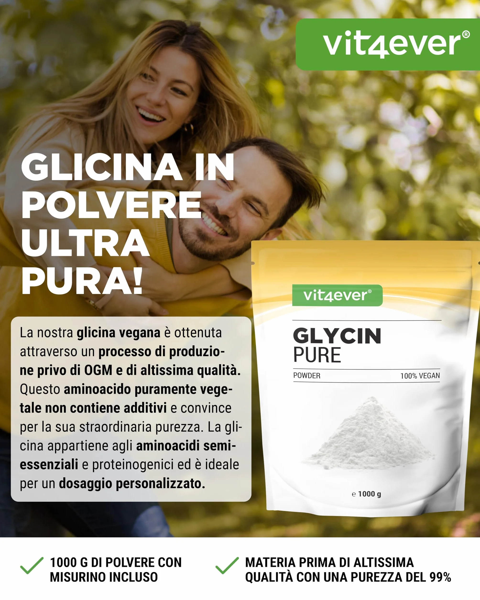 vit4ever Glicina pura - 1000 g (1 kg) di polvere pura senza additivi - Con cucchiaio dosatore - Amminoacido L-glicina dosato in modo ottimale, naturalmente dolce - Vegano