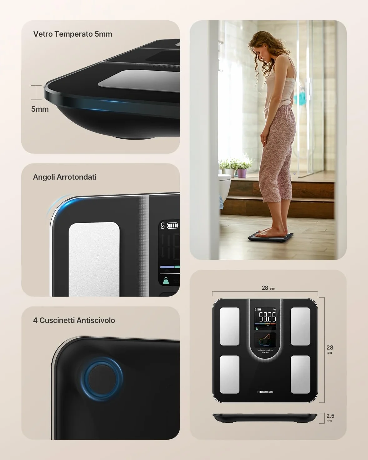 Bilancia Pesapersone Digitale Intelligente con Display VA, 22 Dati Corporei, Max. 180kg, Compatibile iOS & Android