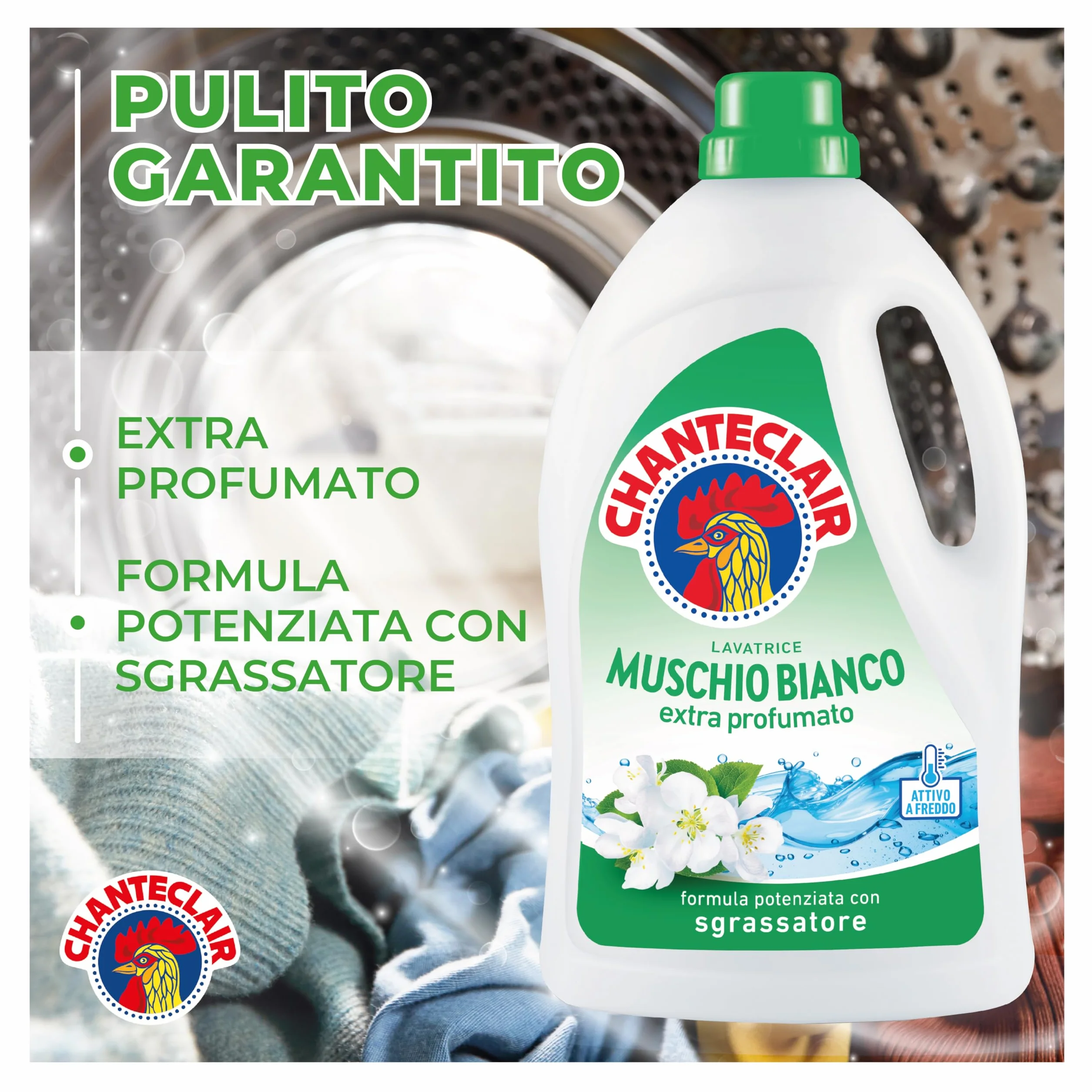 Chanteclair - Detersivo per Lavatrice, Profumo Muschio Bianco, Formula Concentrata, con Vero Sgrassatore - 3 Flaconi da 1260 ml