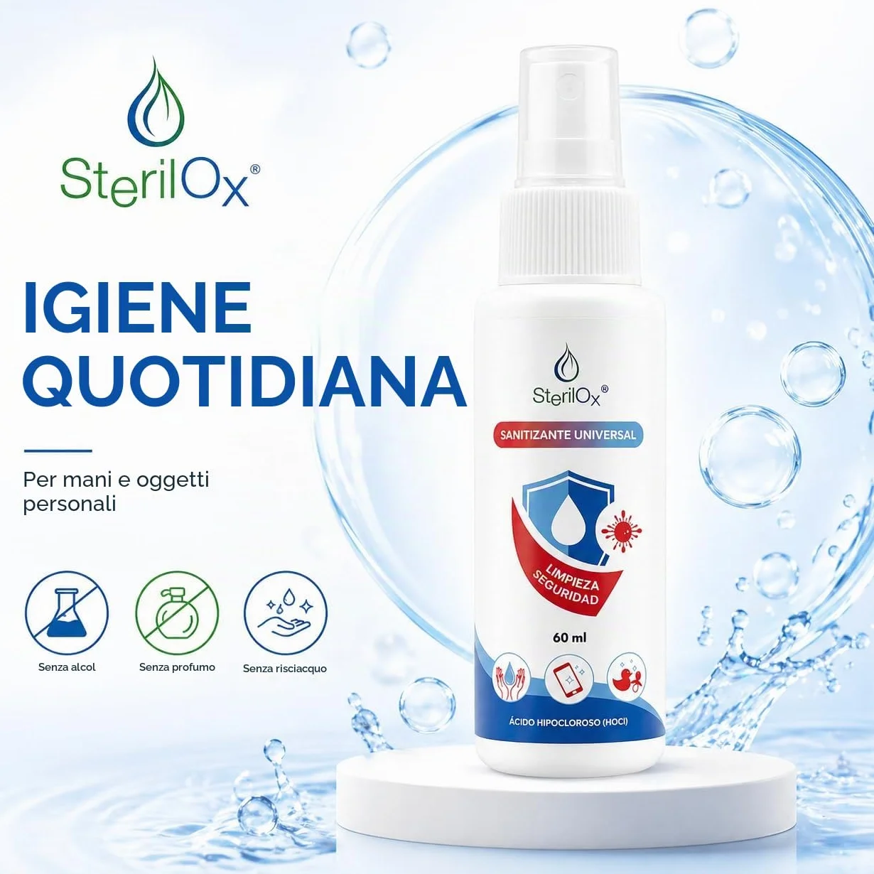 Spray cosmetico antisettico 60 ml senza alcool senza profumo con acido ipocloroso HOCl per mani giocattoli piatti