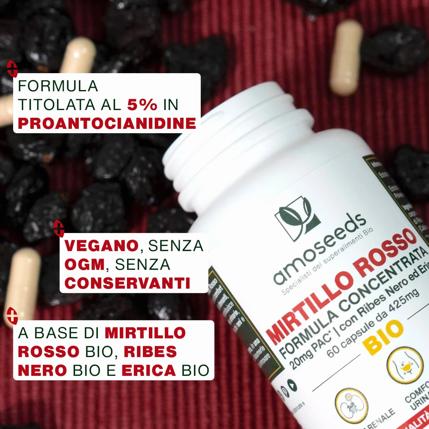 Mirtillo Rosso BIO | 5% PAC, Estratto ad Alta Concentrazione | Comfort Urinario, Reni, Vescica | Formula con Ribes Nero e Erica Bio | 60 capsule | Qualità Superiore