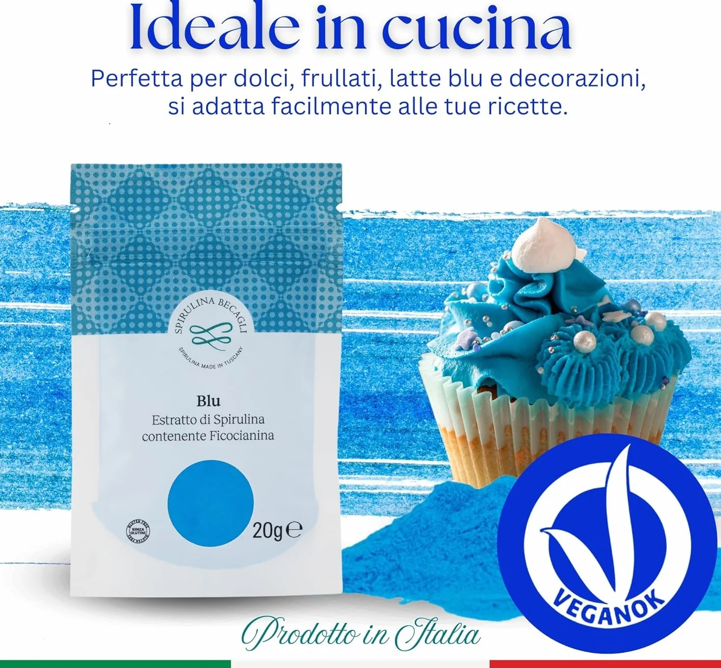 Spirulina Blu In Polvere 20 g, Colorante Alimentare Naturale A Base Di Ficocianina, Polvere Blu Per Bevande, Made in Italy, Vegan
