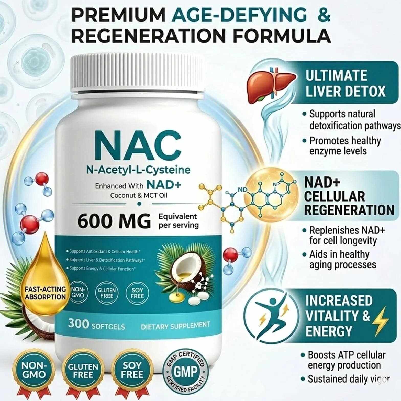 NAC N-Acetyl L-Cysteine 600 mg Softgels | Enhanced with Coconut & MCT Oil,Non-GMO, Gluten Free | 300 Softgels (100 Day Supply）