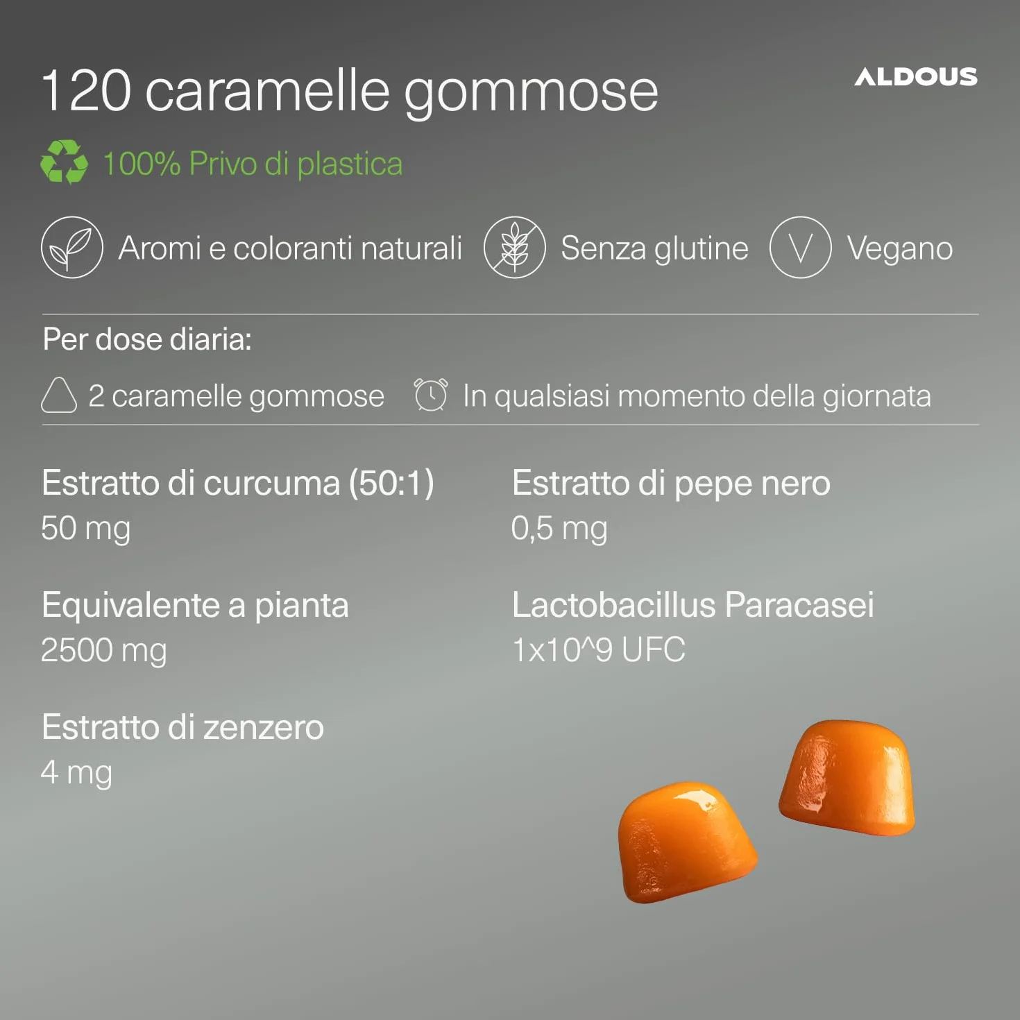 Curcuma e Zenzero con Pepe Nero + PROBIOTICI - 2500mg - 120 Caramelle Gommose - Sapore Naturale di Mango e Zenzero Piccante - ALDOUS