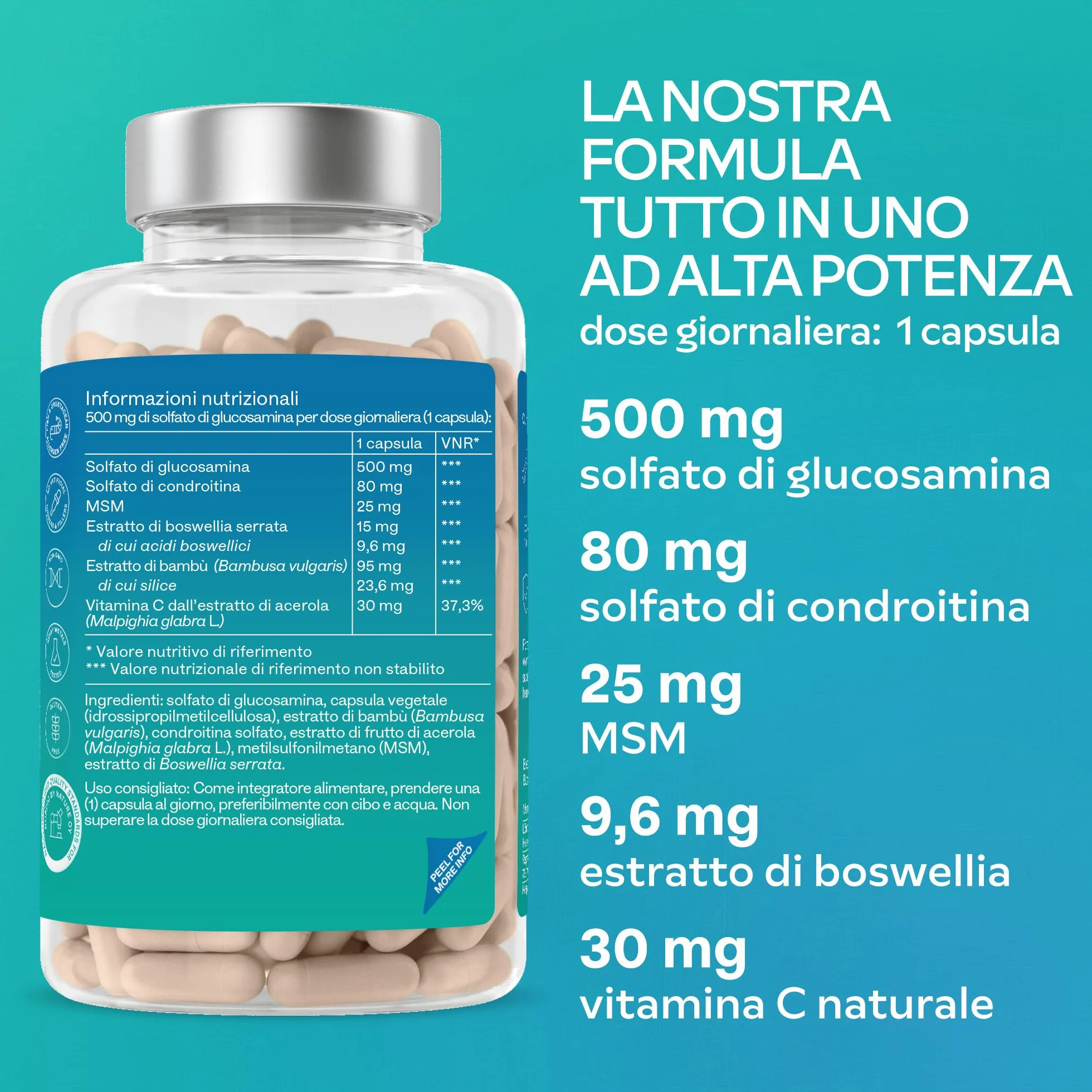 Glucosamina Condroitina MSM Integratore Alto Dosaggio con Boswellia Serrata e Vitamina C Naturale da Acerola - Senza Pesce e Crostacei - Integratore Difese Immunitarie, Ossa, Cartilagini - 180 Capsule