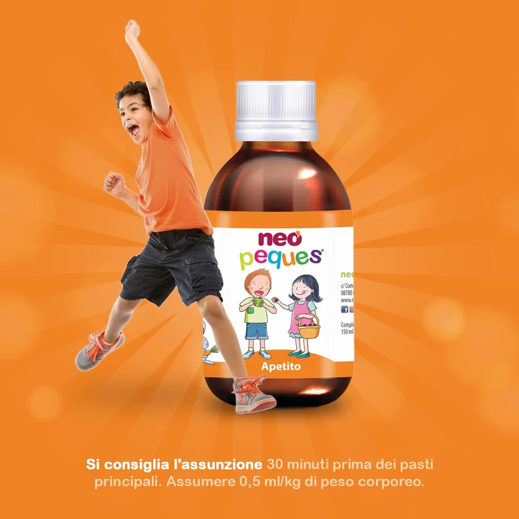 NEO PEQUES Sciroppo per Bambini Appetito 150 ml Stimola Appetito Riduce Stanchezza Estratti Vegetali Oligoelementi Gusto Lampone