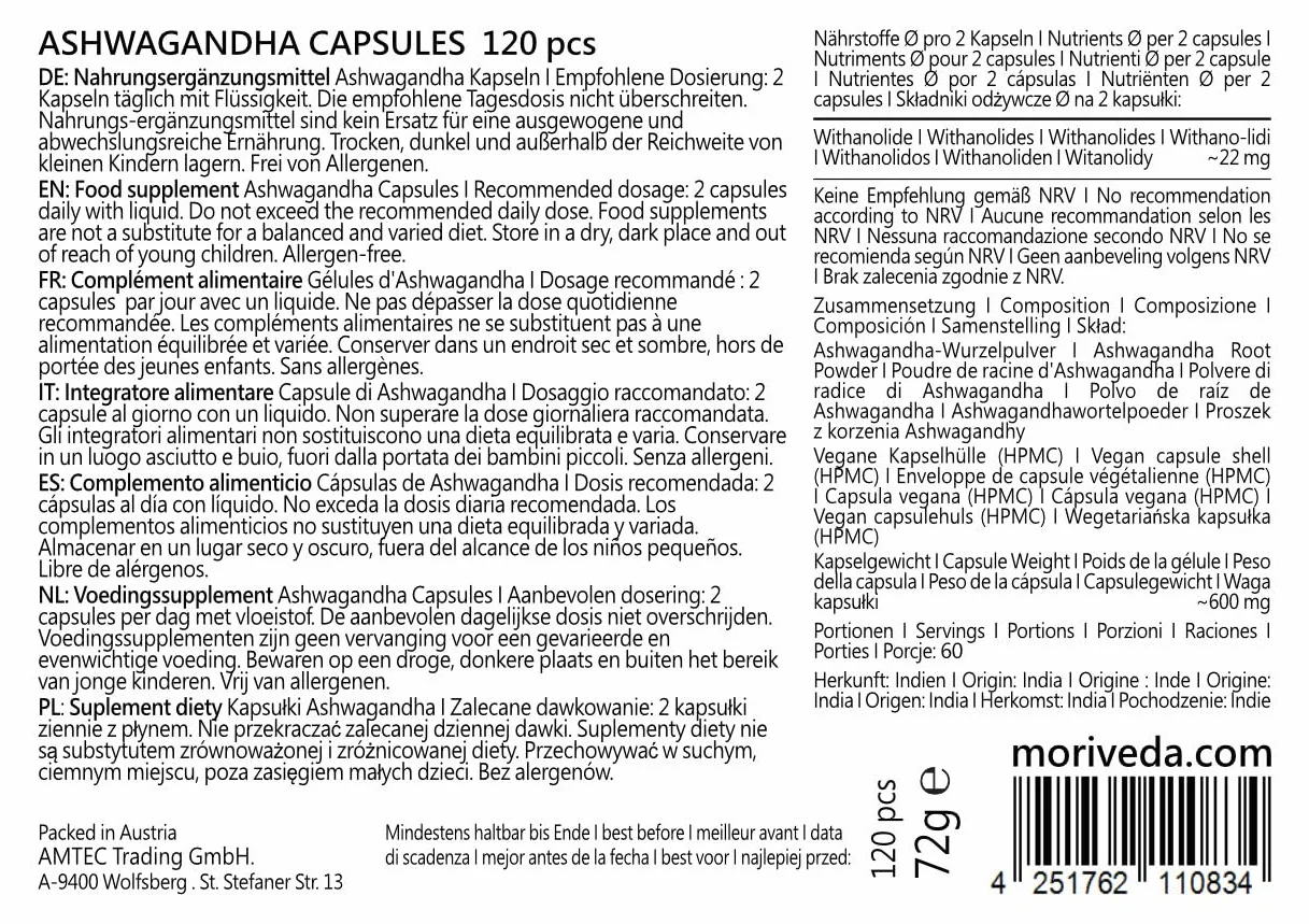 Ashwagandha capsule 1200mg - 100% polvere di radice - 60 giorni di fornitura - l'equilibrio, la qualità della vita e la pace interiore - dall'India - vegan e senza glutine - da MoriVeda - 120 pezzi