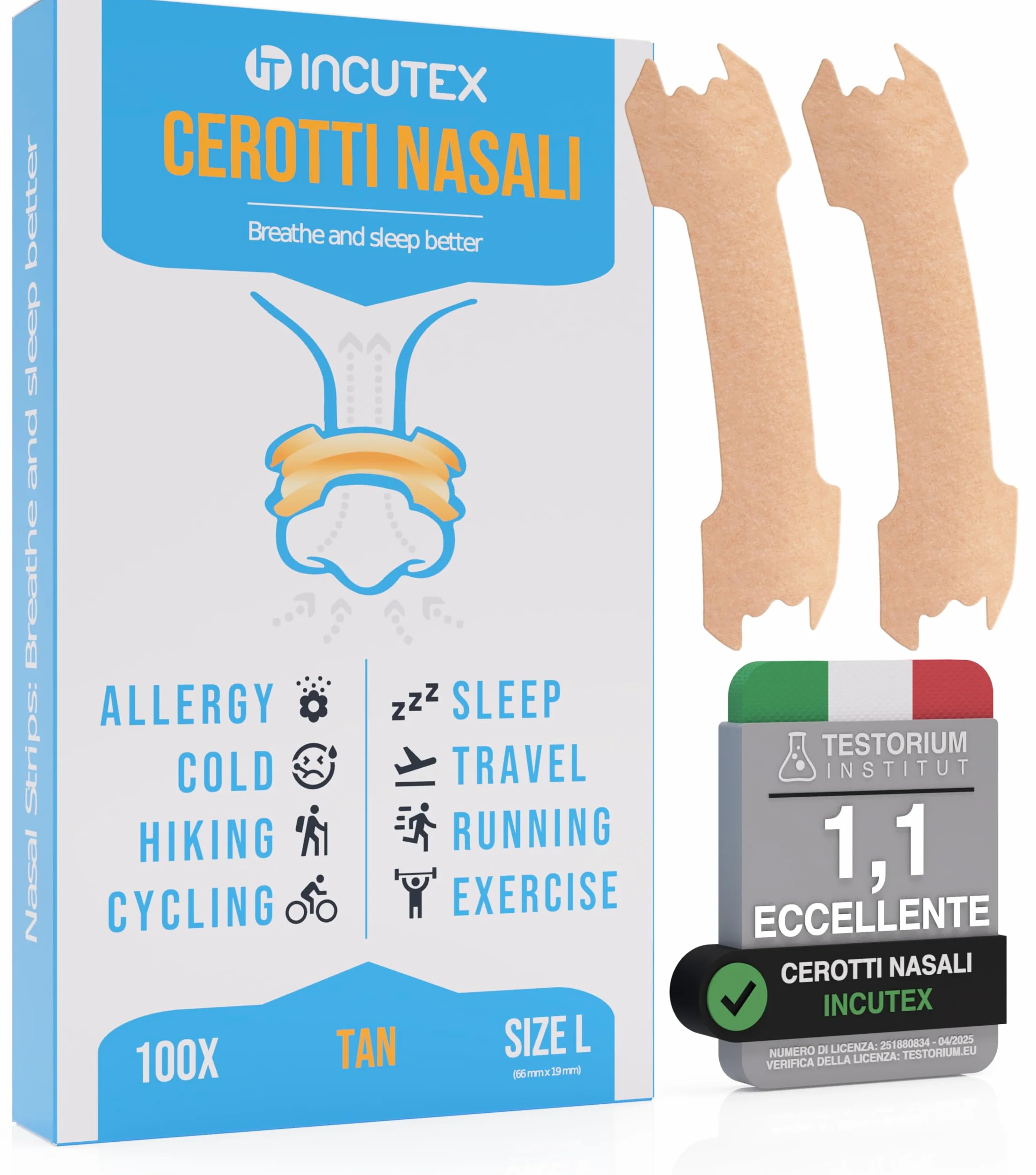Incutex 100 Pezzi Cerotti Nasali Antirussamento, Strisce Patch Nasali, Taglia L (66×19 mm), Beige